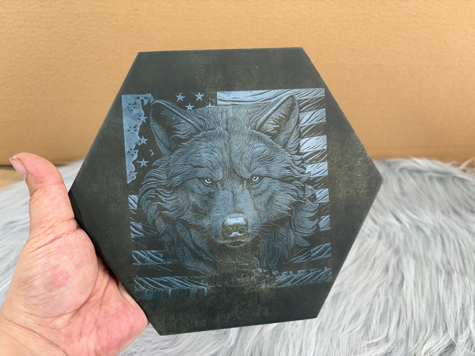 Wolf Stare Flag Octagon Tile | Laser Engraved 8"x7" Sign – $15