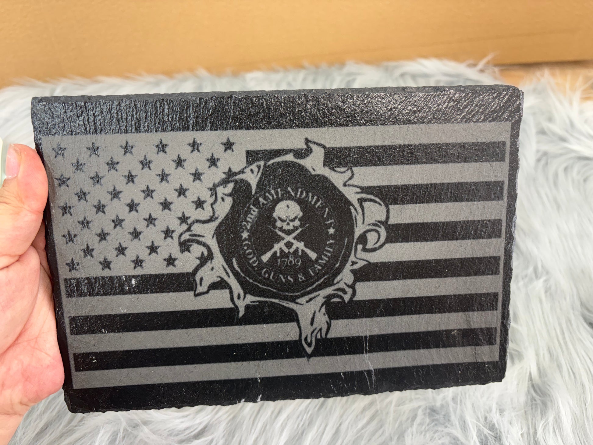 Second Amendment Laser Engraved Slate Sign – 8.5x6” American Flag Patriotic Gun Rights Decor