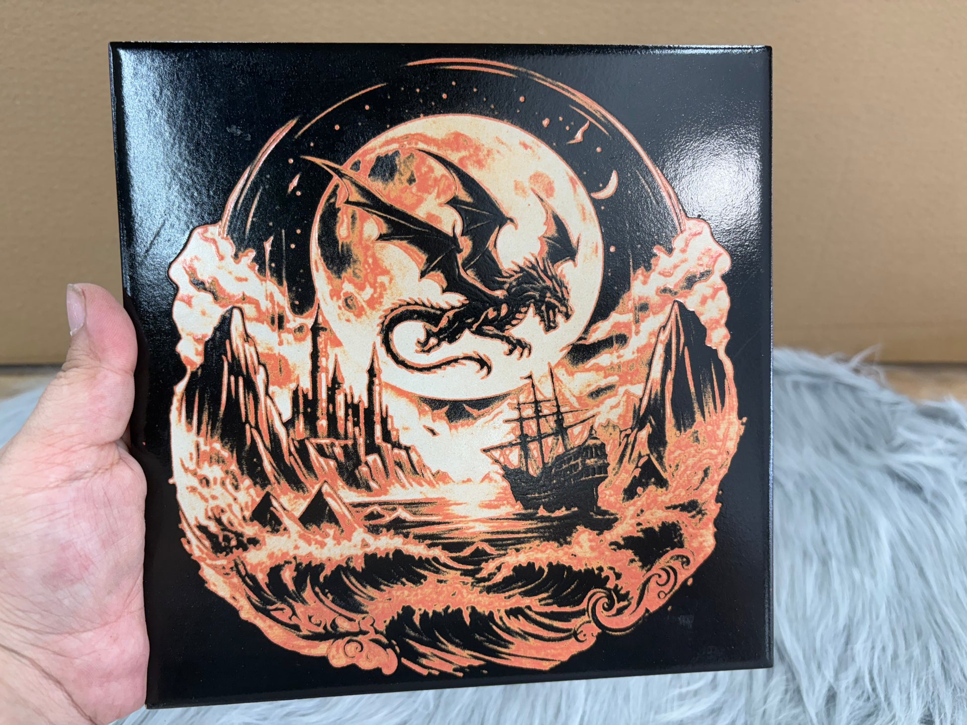Mystical Sea Dragon Laser Engraved Tile | Moon, Stars & Waves Fantasy Art – 8x8 Tile for $20