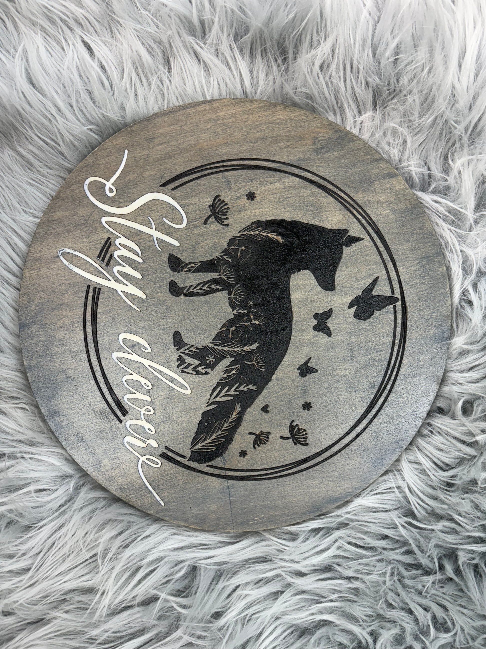 Stay Clever Wolf Sign | Hand-Painted Laser Engraved Wood Round | 12" Rustic Wall Art – $25