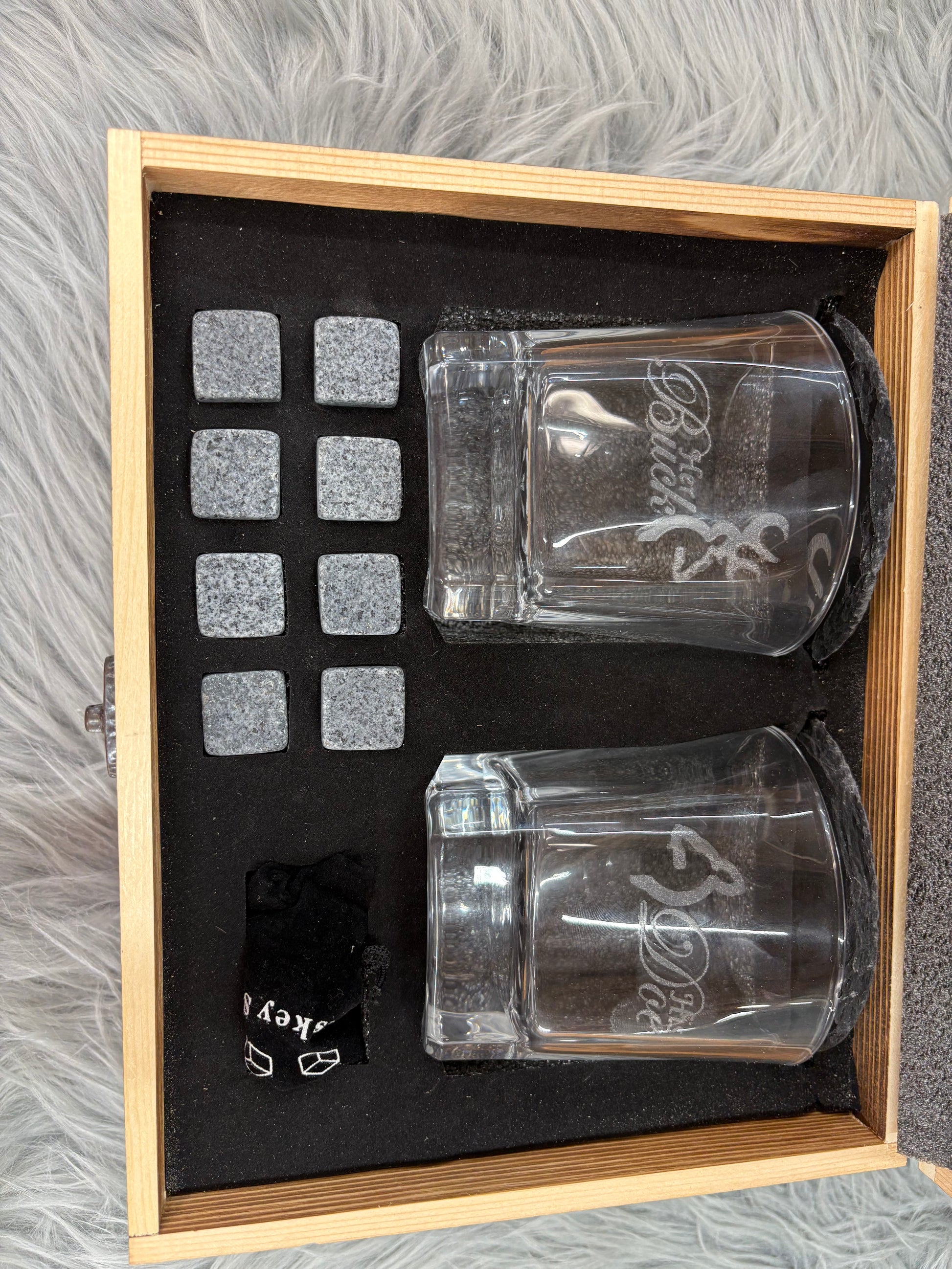 His Buck & Her Doe Whiskey Gift Set | Deer Love Laser Engraved Box – 2 Glasses, Coasters, Whiskey Stones & Velvet Bag