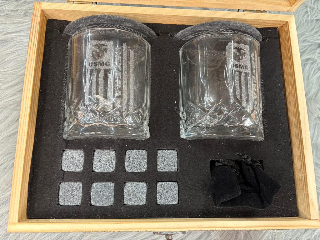 USMC Veteran Whiskey Gift Set | 2 Glasses, 2 Coasters, 8 Whiskey Stones & Velvet Bag