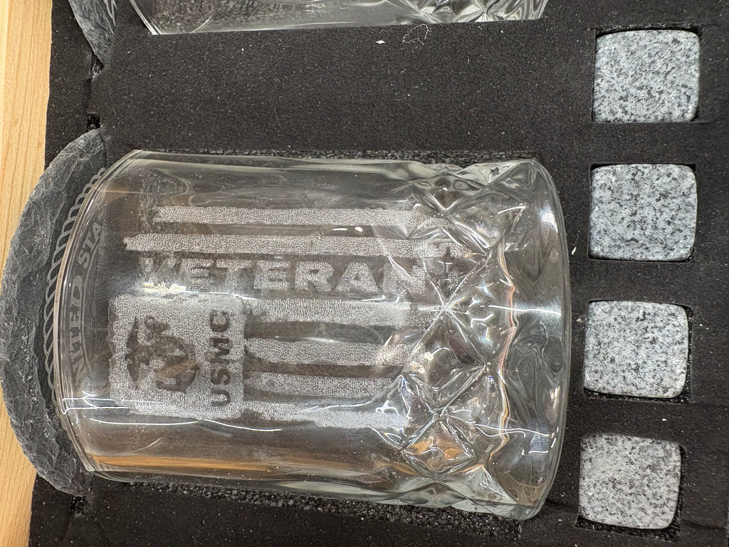 USMC Veteran Whiskey Gift Set | 2 Glasses, 2 Coasters, 8 Whiskey Stones & Velvet Bag