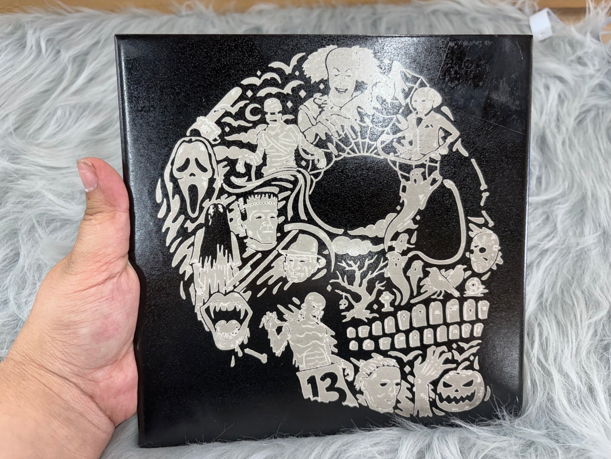 Spooky Horror Skull Laser Engraved Ceramic Tile – 8"x8" Halloween Decor