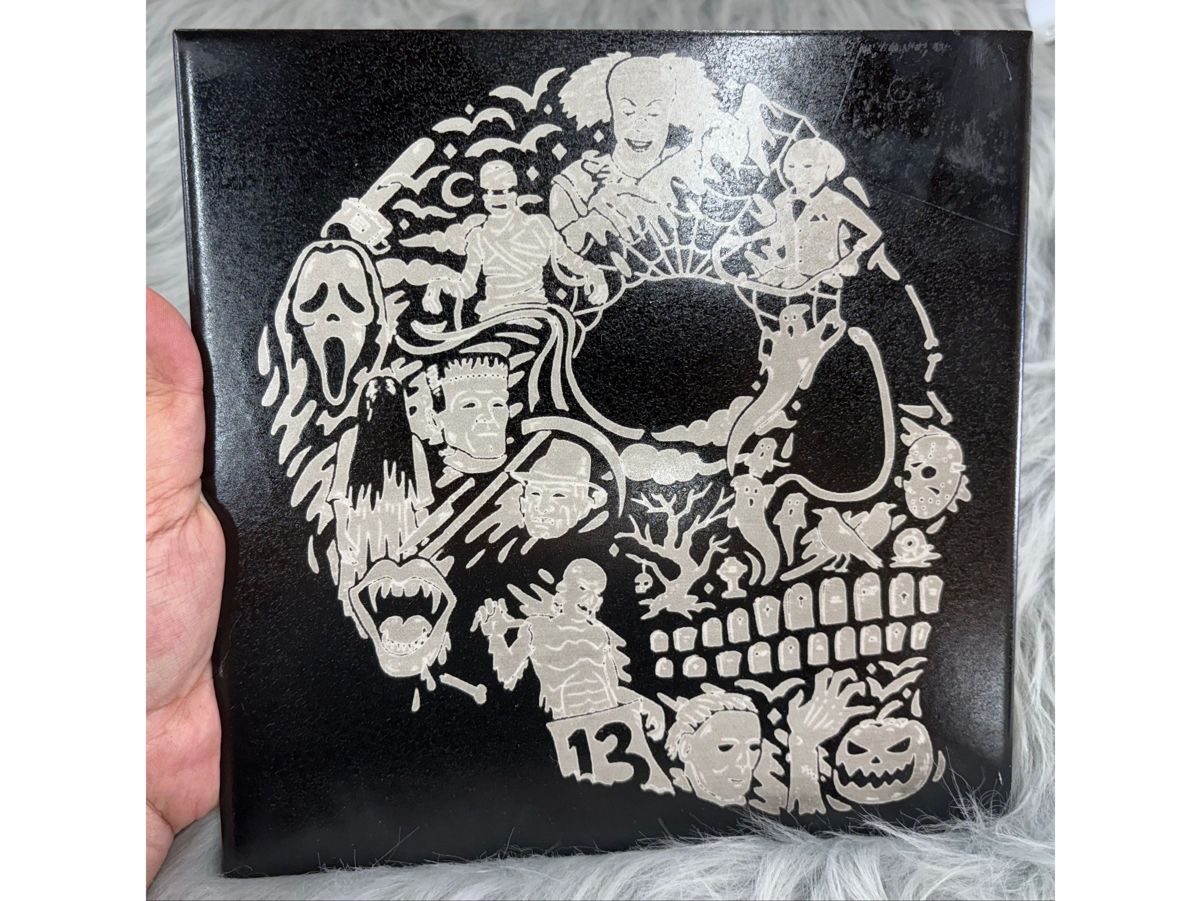 Spooky Horror Skull Laser Engraved Ceramic Tile – 8"x8" Halloween Decor