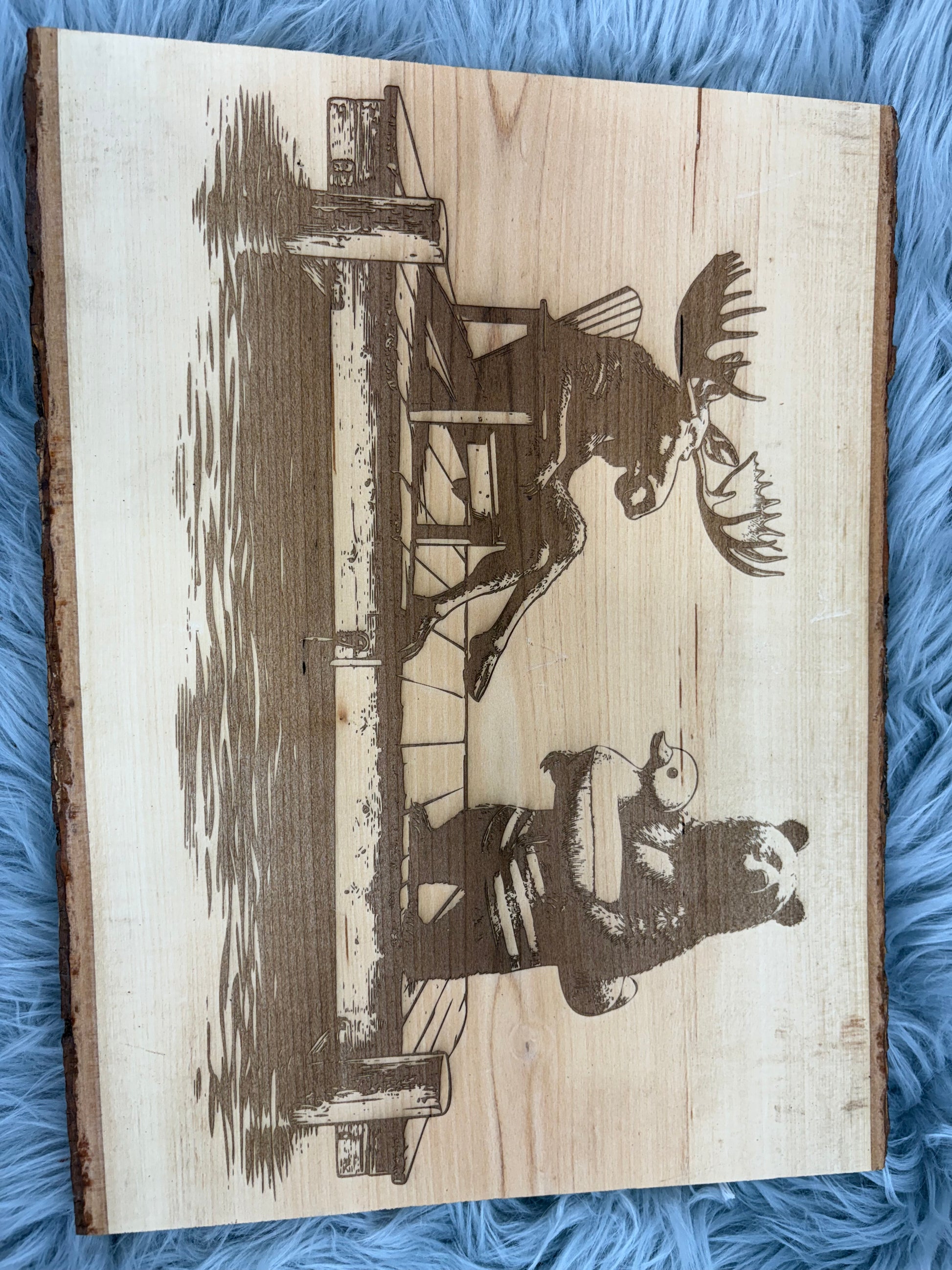 Live Edge Moose & Bear on Dock with Duck Floaty | Laser Engraved Lake Life Wood Sign | 12" x 16" | $35