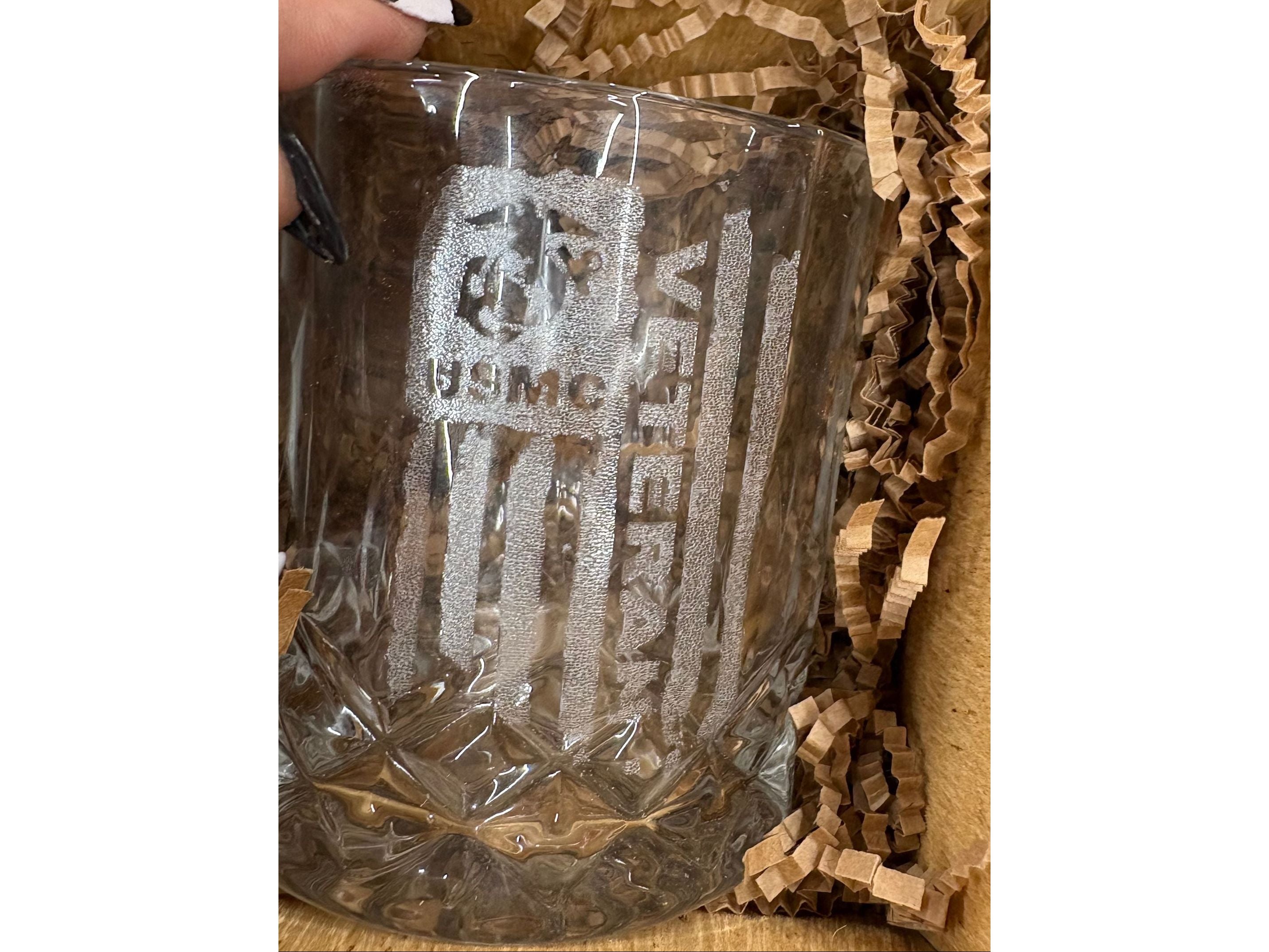 Handmade USMC Whiskey Glass Box Set with Laser Engraved Slate Coaster | Marine Corps Gift | 5x5x4.5 Inches