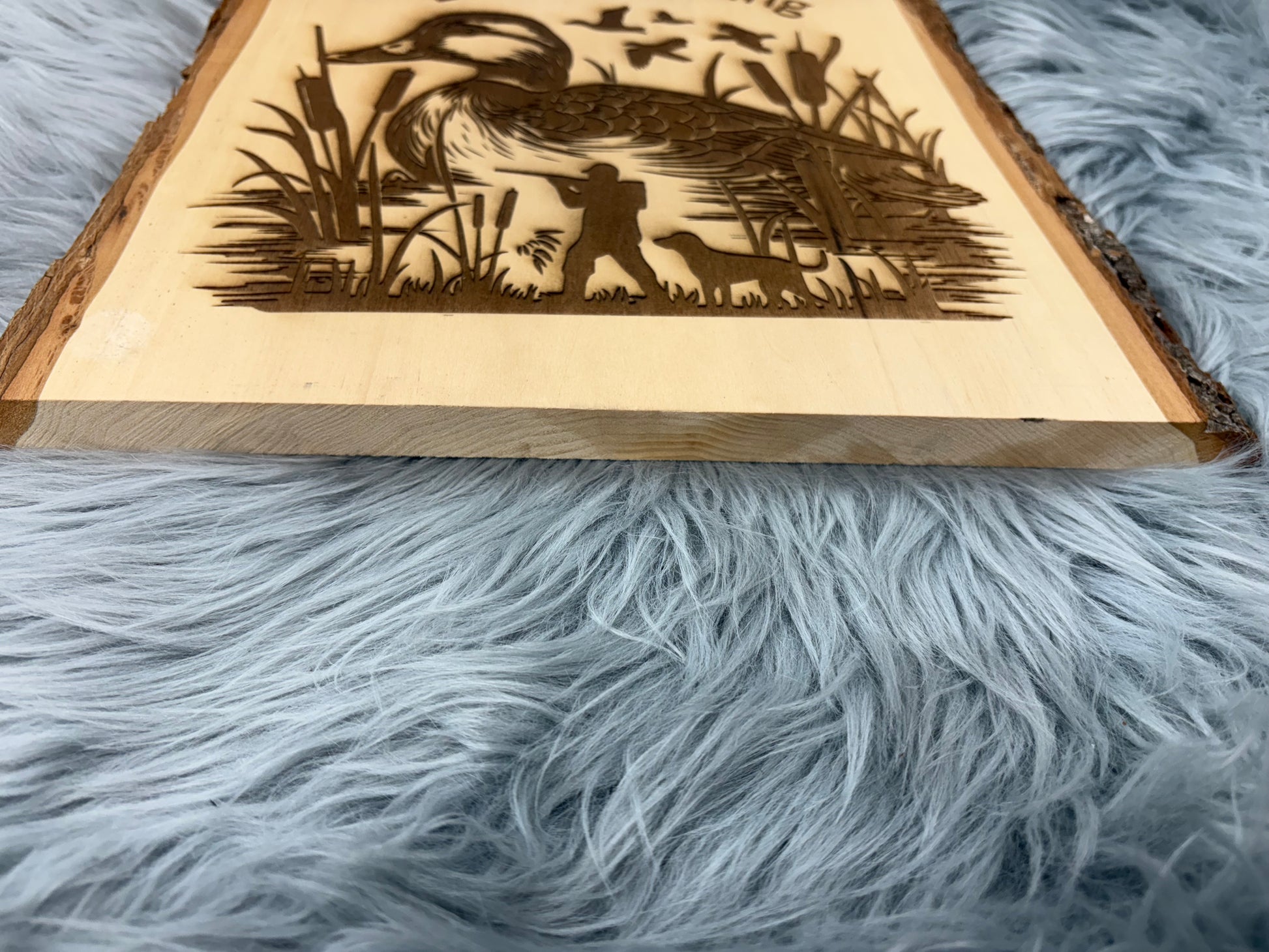 Live Edge Duck Hunting Wall Art | Laser Engraved Rustic Wood Sign | 11" x 12.5" | $35