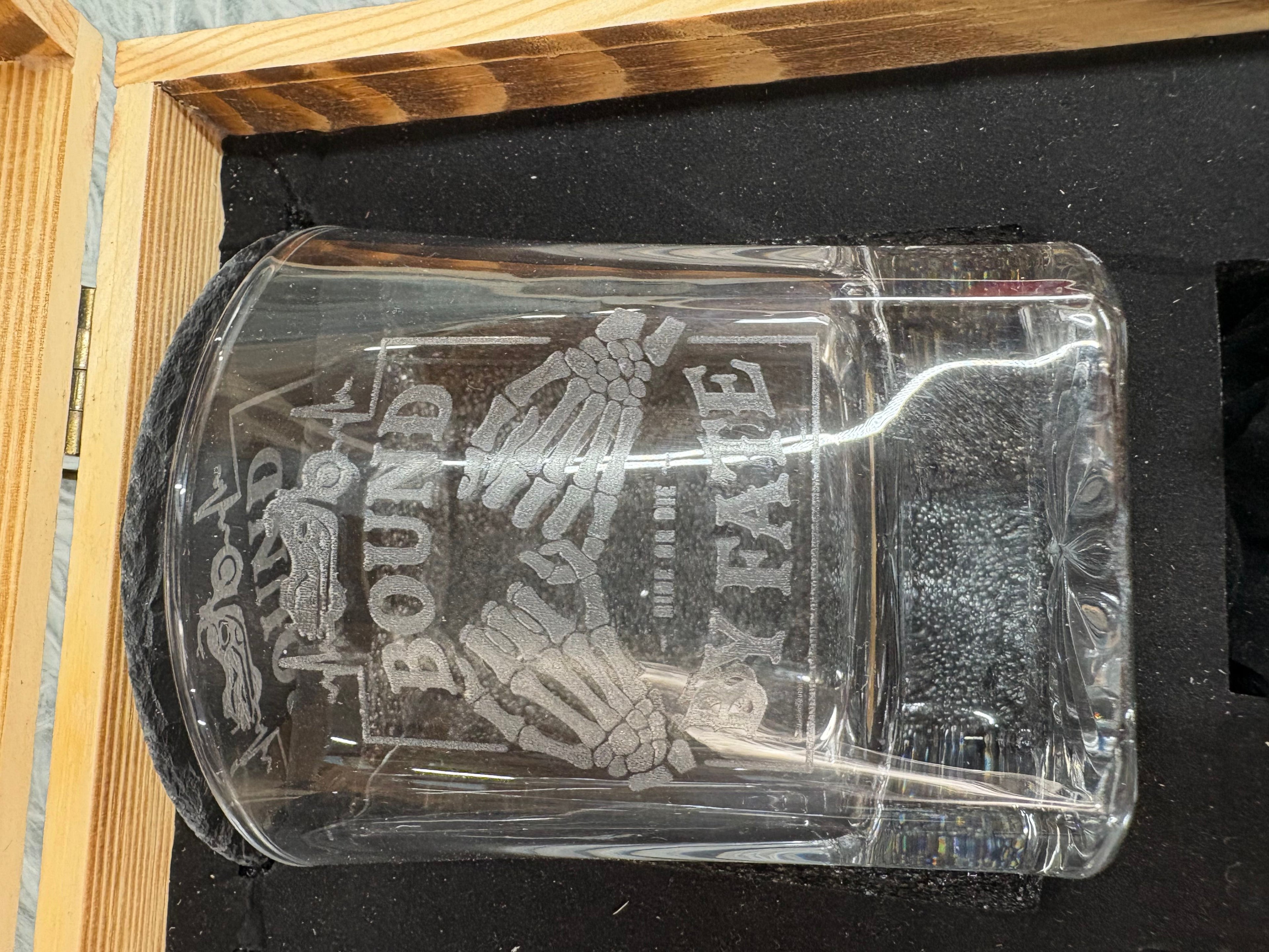 Ride Together, Last Forever | Skull King & Queen Whiskey Gift Set – 2 Glasses, Coasters, Whiskey Stones & Velvet Bag