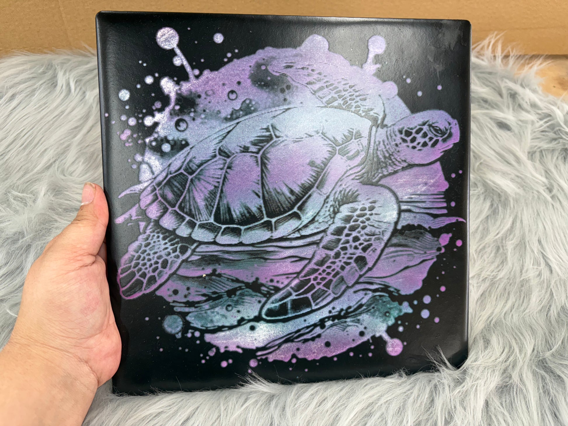 Laser Engraved Sea Turtle on 10x10 Spray Painted Tile | Purple, Blue &amp; Black Ocean-Inspired Art | Beach Decor