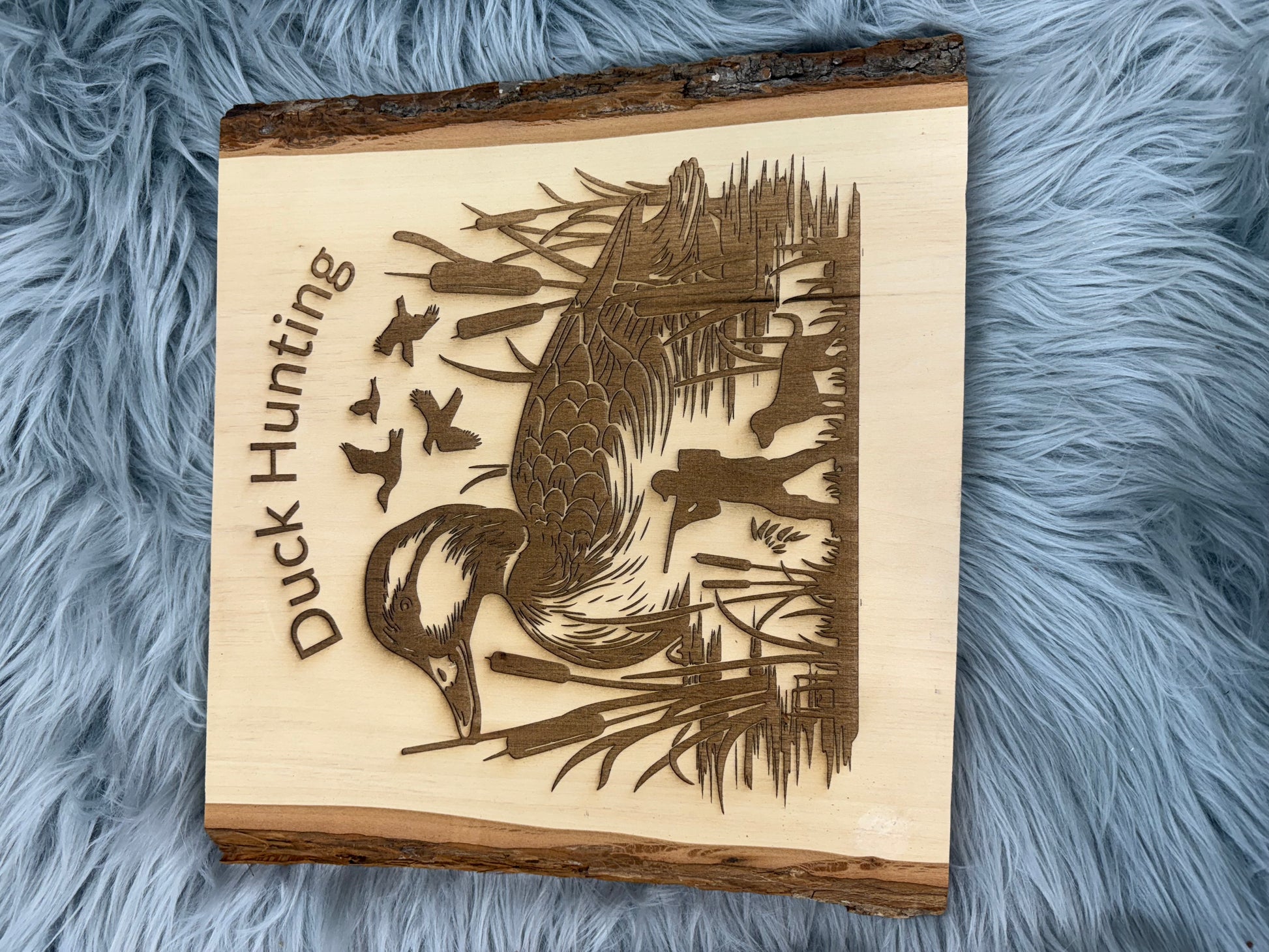 Live Edge Duck Hunting Wall Art | Laser Engraved Rustic Wood Sign | 11" x 12.5" | $35