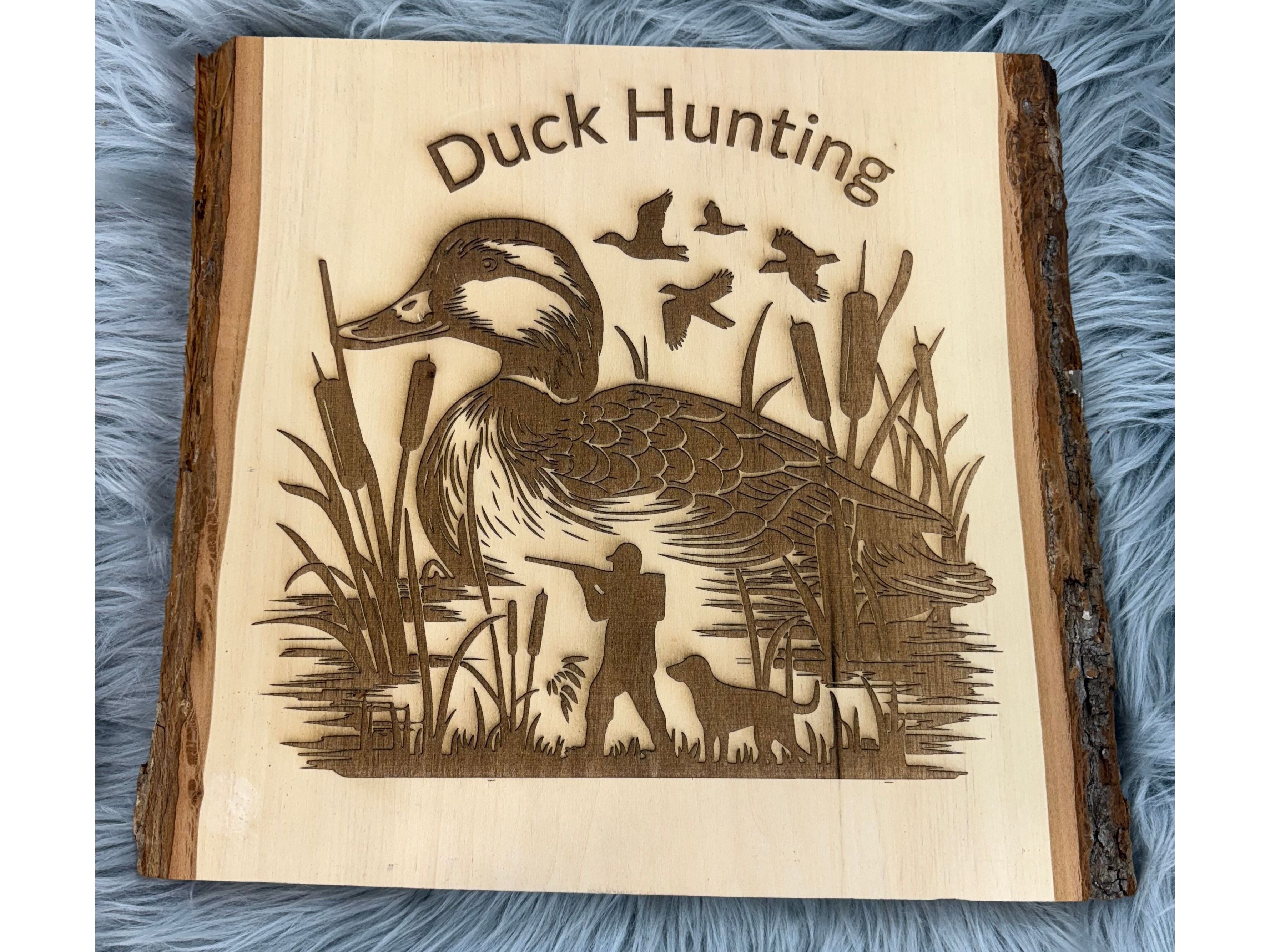 Live Edge Duck Hunting Wall Art | Laser Engraved Rustic Wood Sign | 11" x 12.5" | $35