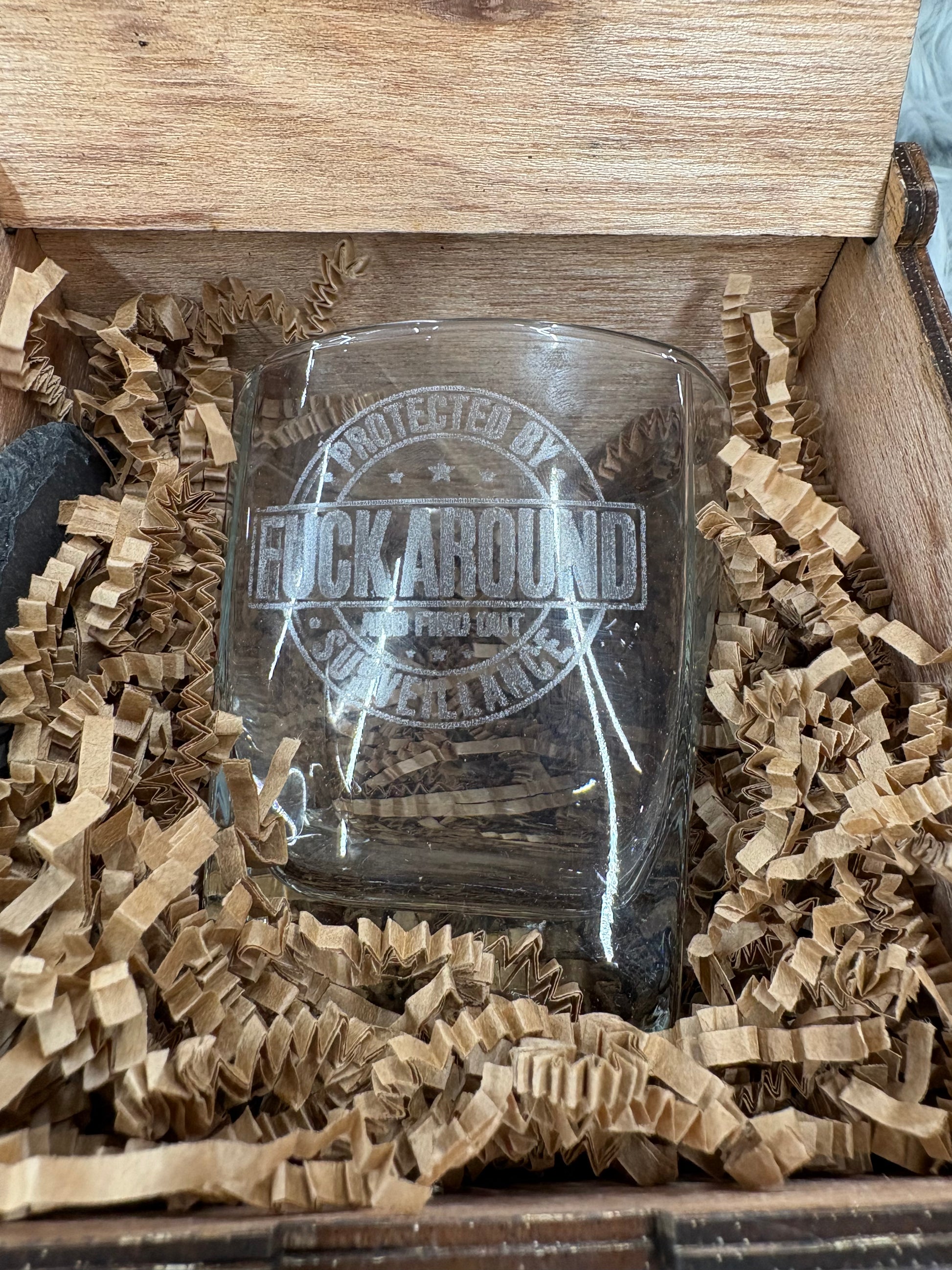 Handmade FAFO Whiskey Glass Box Set with Laser Engraved Slate Coaster | Bold Statement Gift | 5x5x4.5 Inches