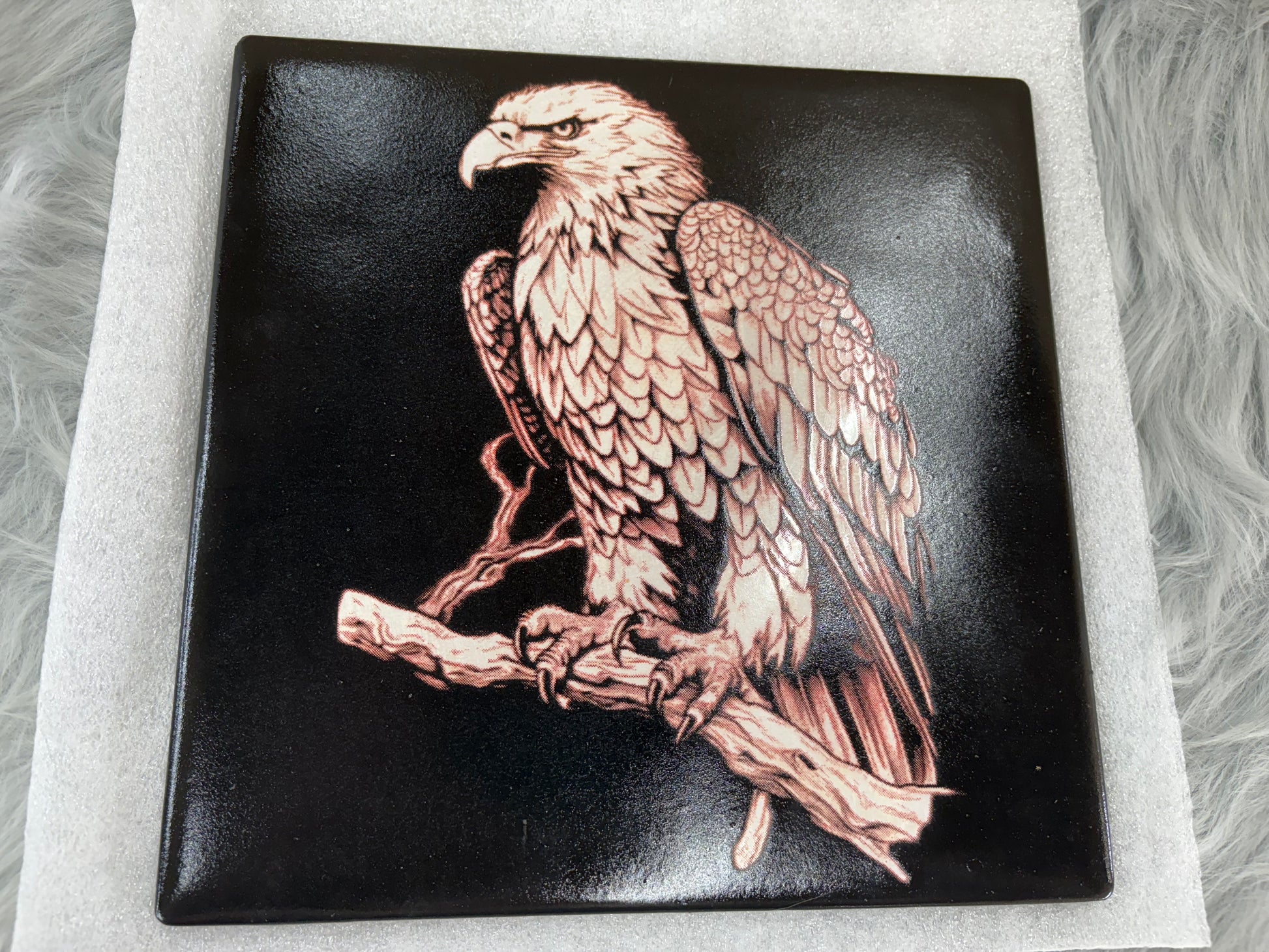 Laser Engraved Rustic Eagle Tile – 10x10 Black Ceramic Art Piece