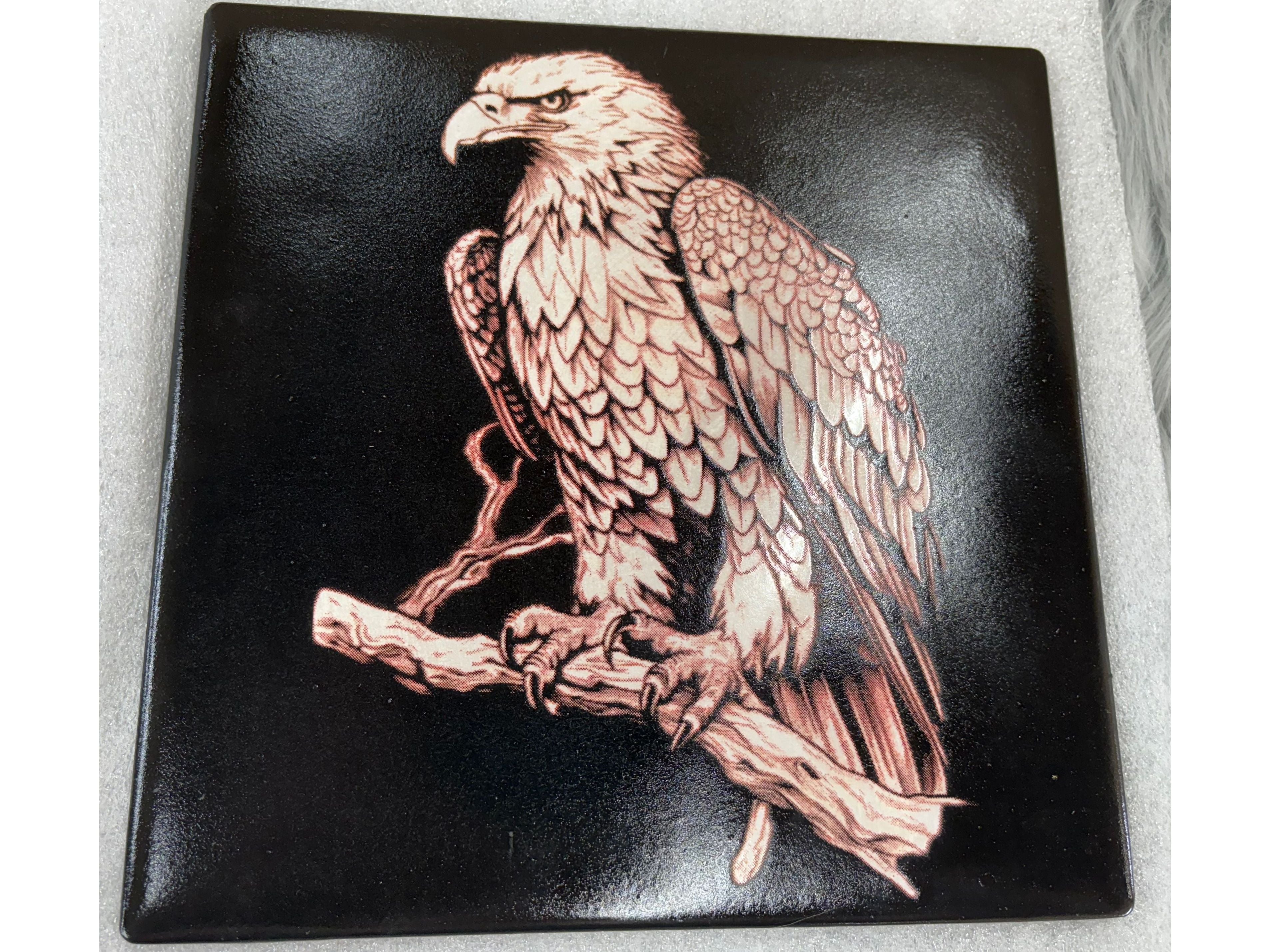 Laser Engraved Rustic Eagle Tile – 10x10 Black Ceramic Art Piece
