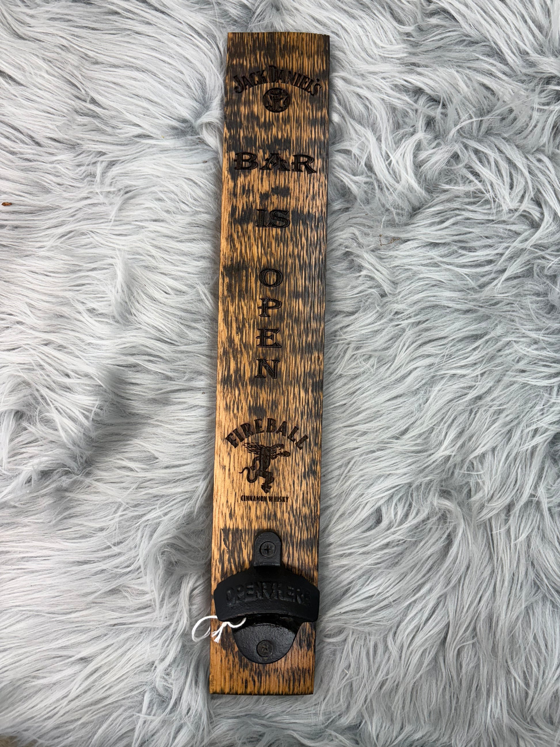 Jack Daniels “Bar Is Open” Wall Sign with Fireball Logo & Bottle Opener | Laser Engraved Whiskey Bar Decor | 17” x 3” | $30