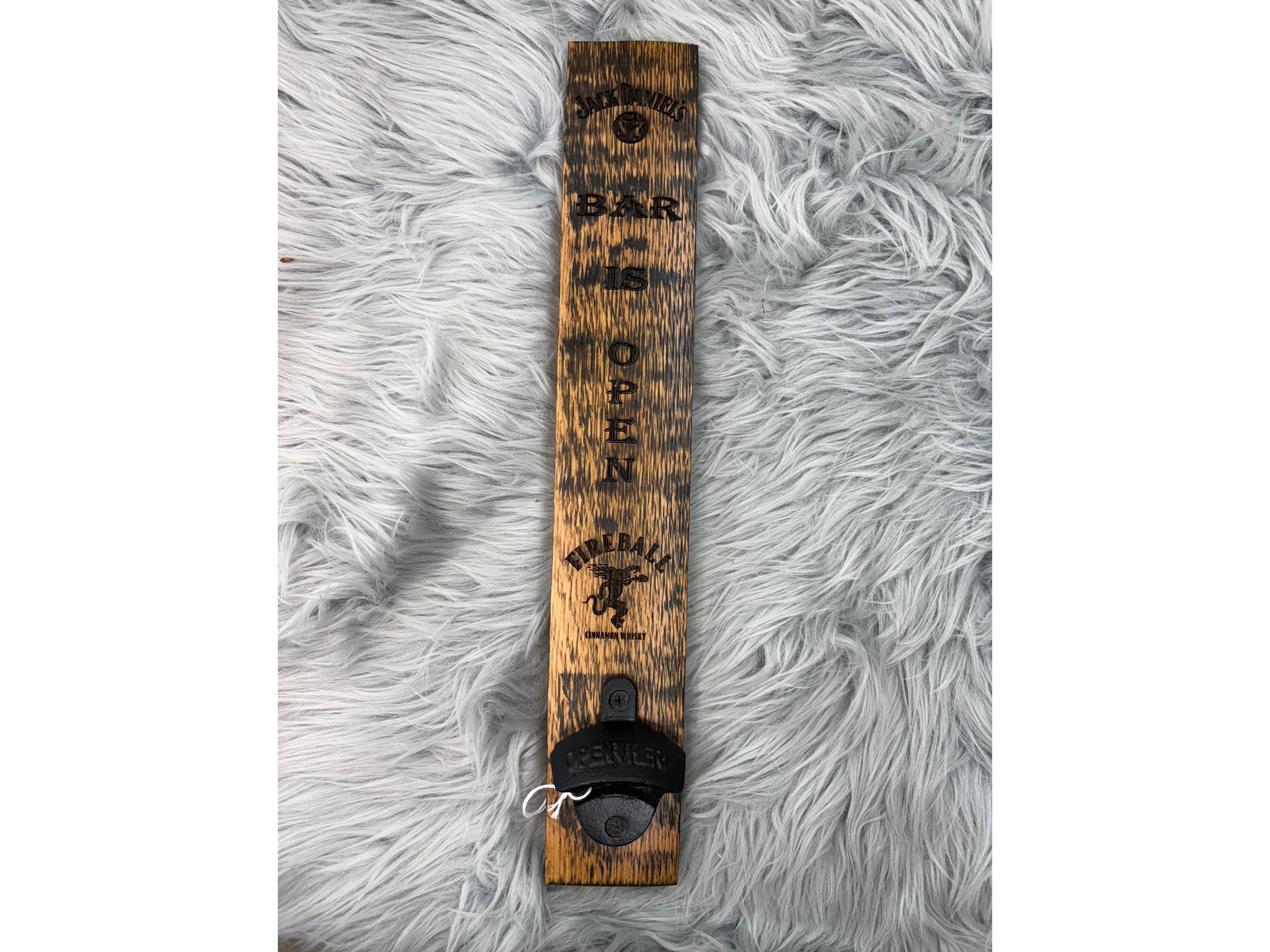 Jack Daniels “Bar Is Open” Wall Sign with Fireball Logo & Bottle Opener | Laser Engraved Whiskey Bar Decor | 17” x 3” | $30