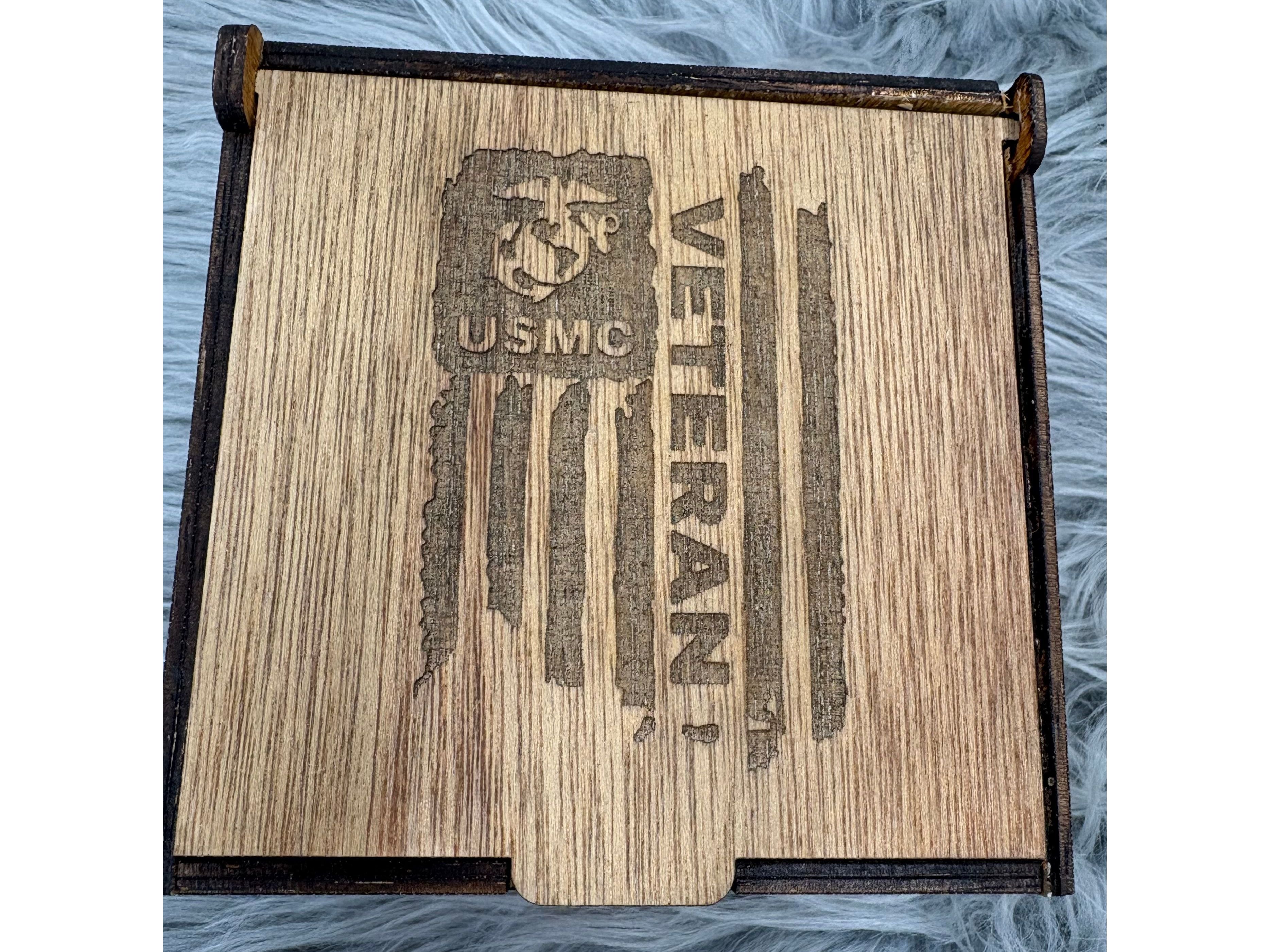 Handmade USMC Whiskey Glass Box Set with Laser Engraved Slate Coaster | Marine Corps Gift | 5x5x4.5 Inches