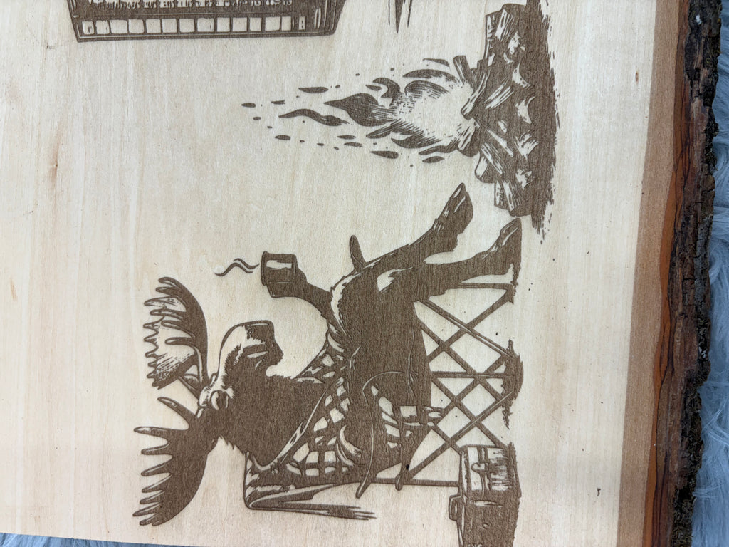 Live Edge Camper Scene with Moose & Bear | Laser Engraved Rustic Camping Decor | 11.5" x 16" | $35