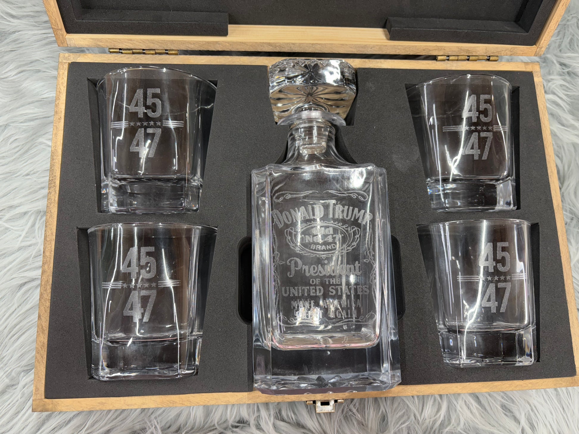 Laser Engraved 45-47 Decanter Set | Premium Gift Box with 4 Whiskey Glasses & Decanter – $120
