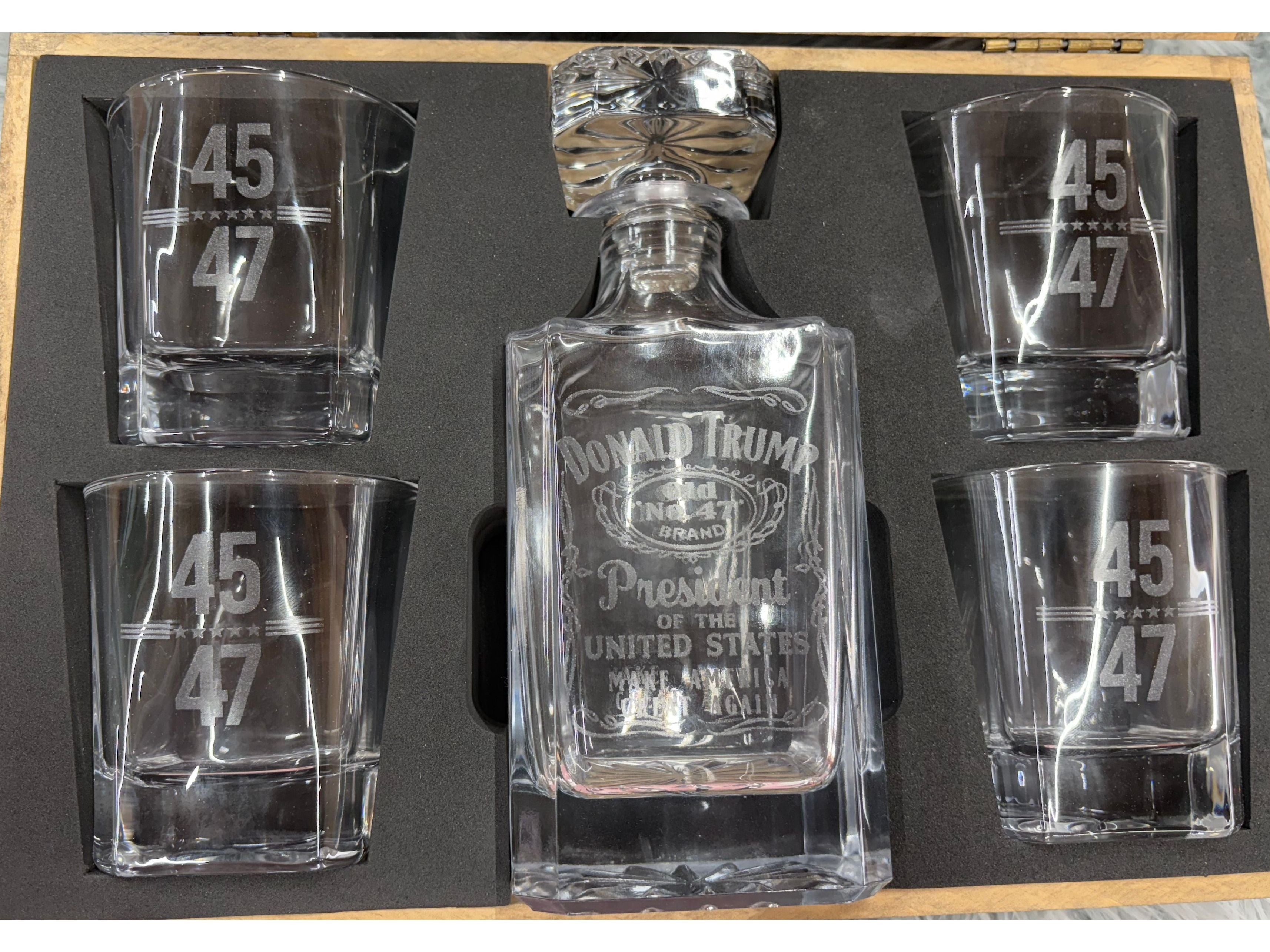 Laser Engraved 45-47 Decanter Set | Premium Gift Box with 4 Whiskey Glasses & Decanter – $120