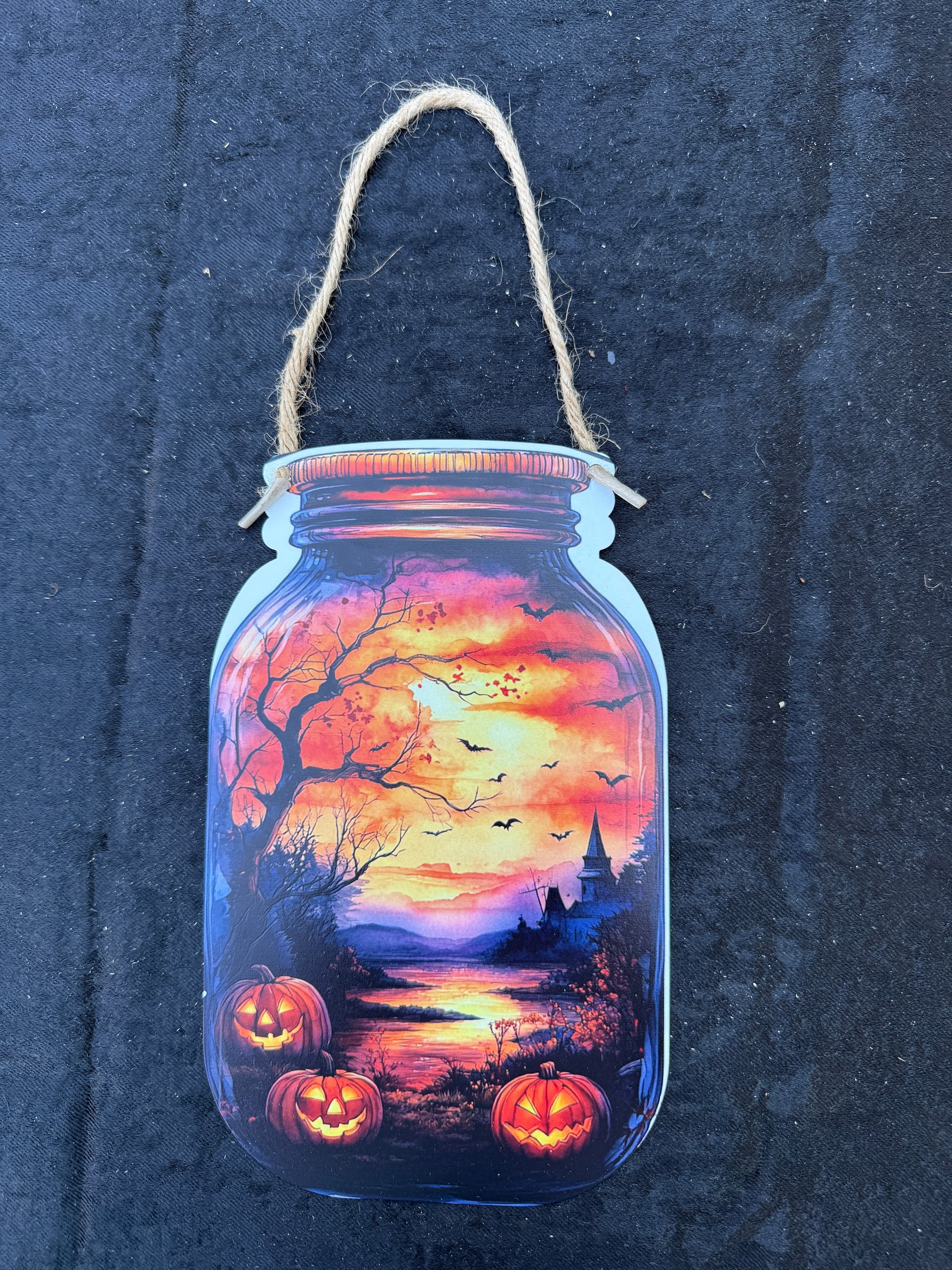 Halloween Tin Hanging Jar Sign – Pumpkin and Sunset Scene with Bats & Haunted Castle Rustic Fall Decor