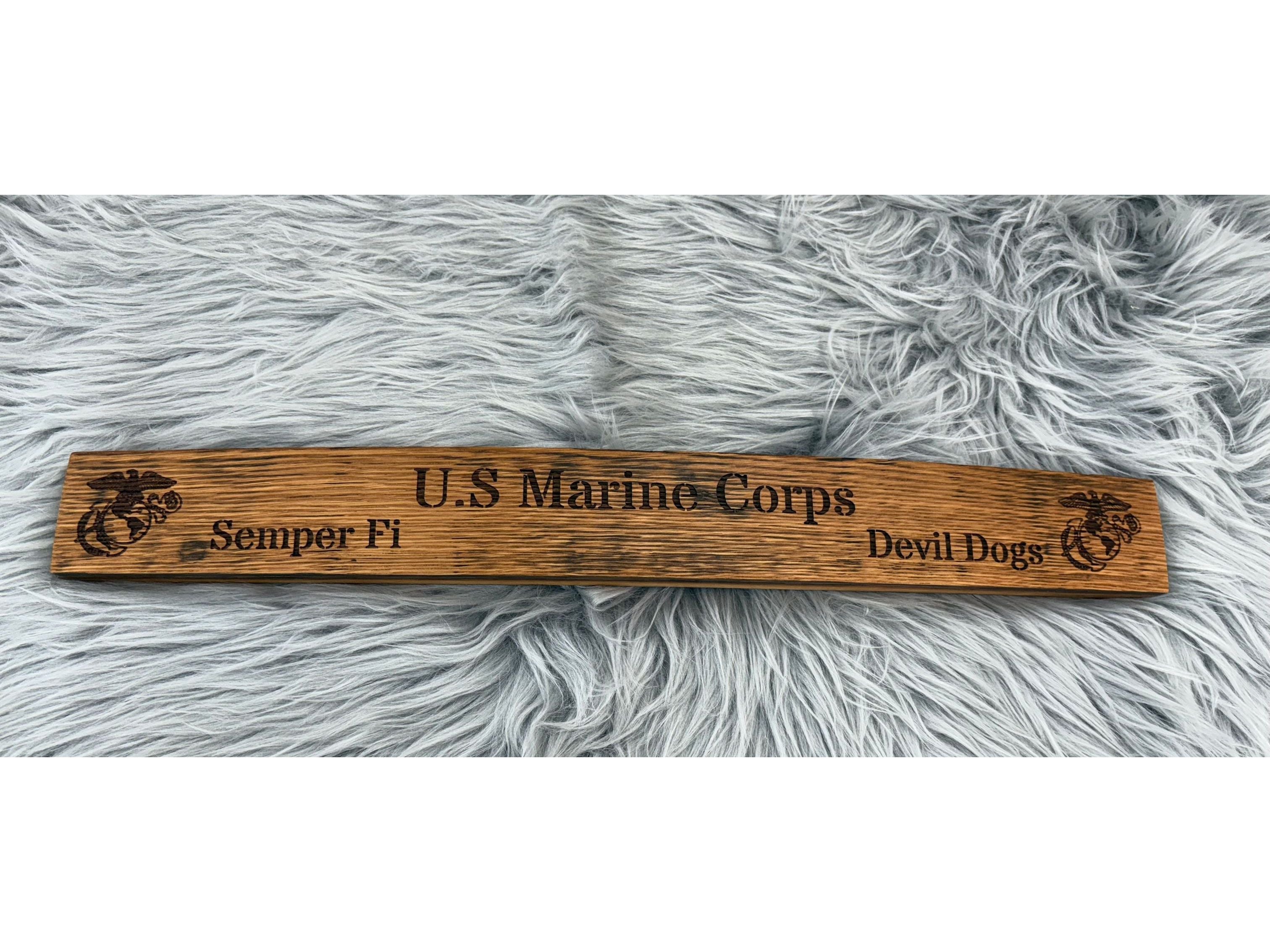 Whiskey Barrel Stave Wall Art – US Marine Corps “Devil Dogs” & “Semper Fi” Sign | Laser Engraved Patriotic Military Decor