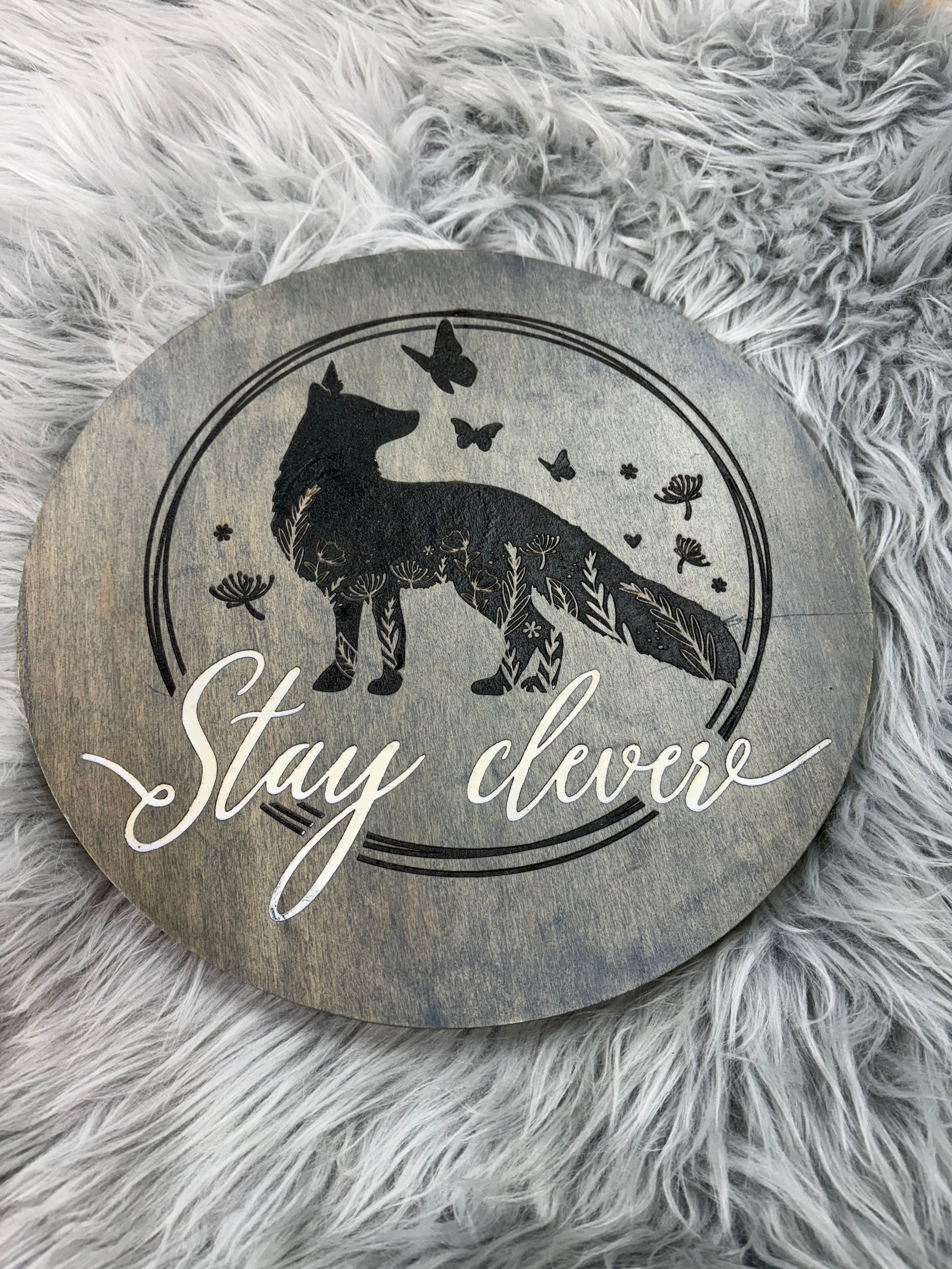Stay Clever Wolf Sign | Hand-Painted Laser Engraved Wood Round | 12" Rustic Wall Art – $25