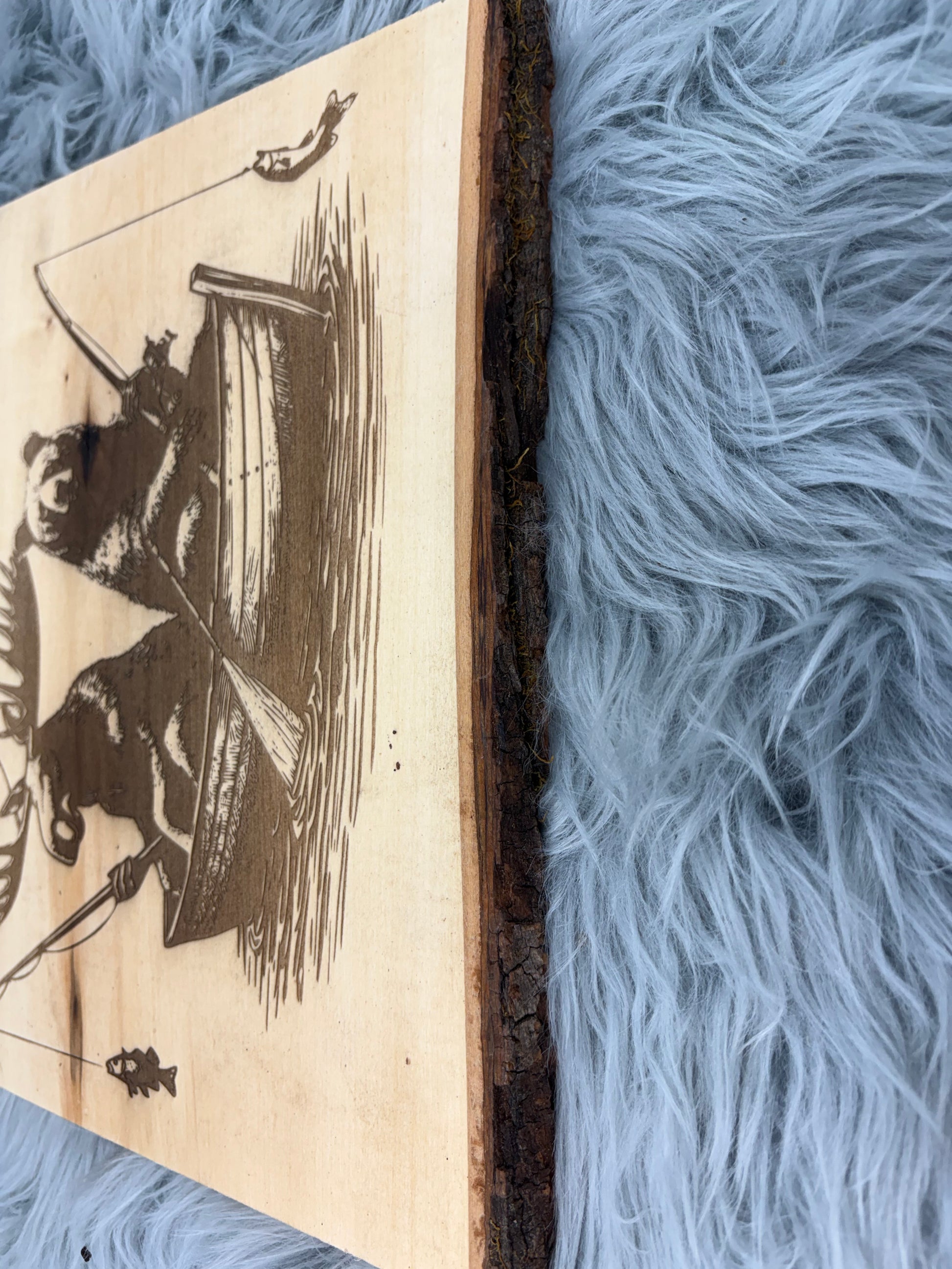 Live Edge Bear & Moose Fishing in a Boat | Laser Engraved Cabin Wall Art | 11" x 13" | $35