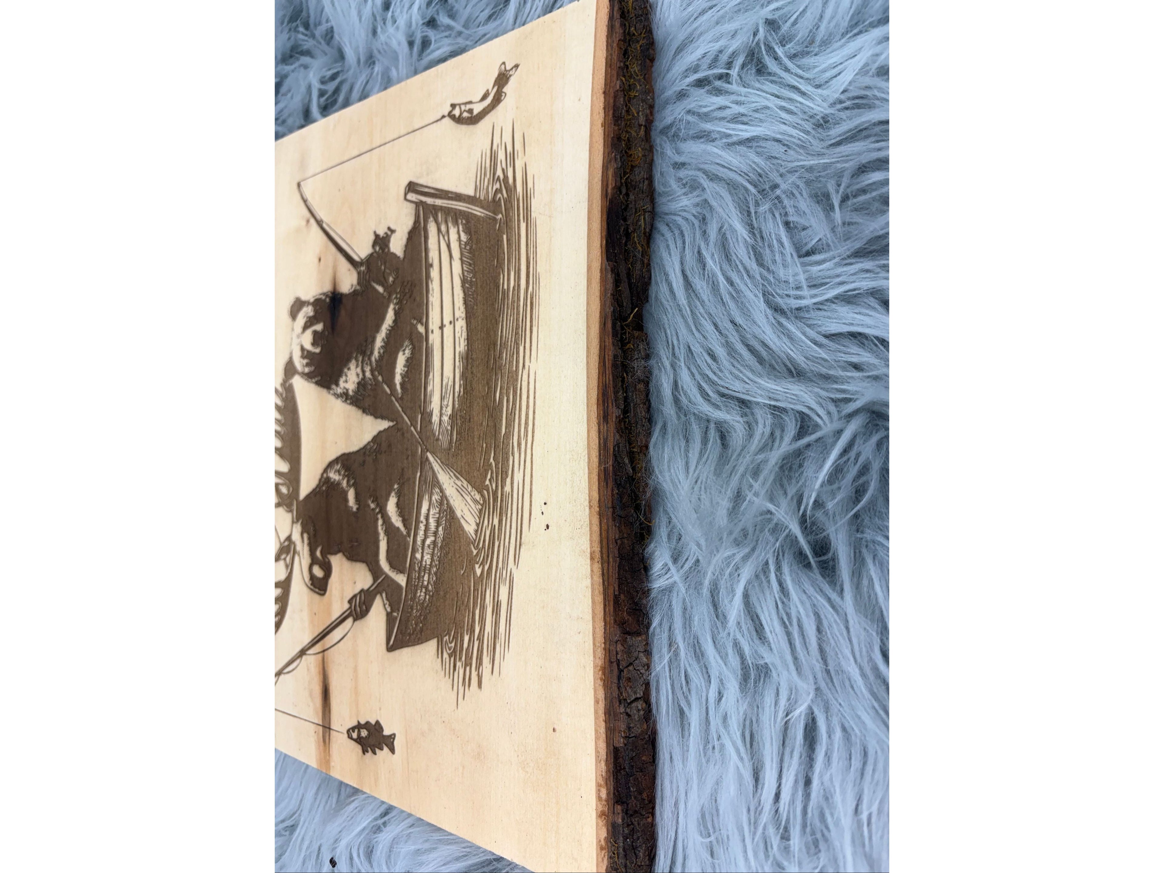 Live Edge Bear & Moose Fishing in a Boat | Laser Engraved Cabin Wall Art | 11" x 13" | $35