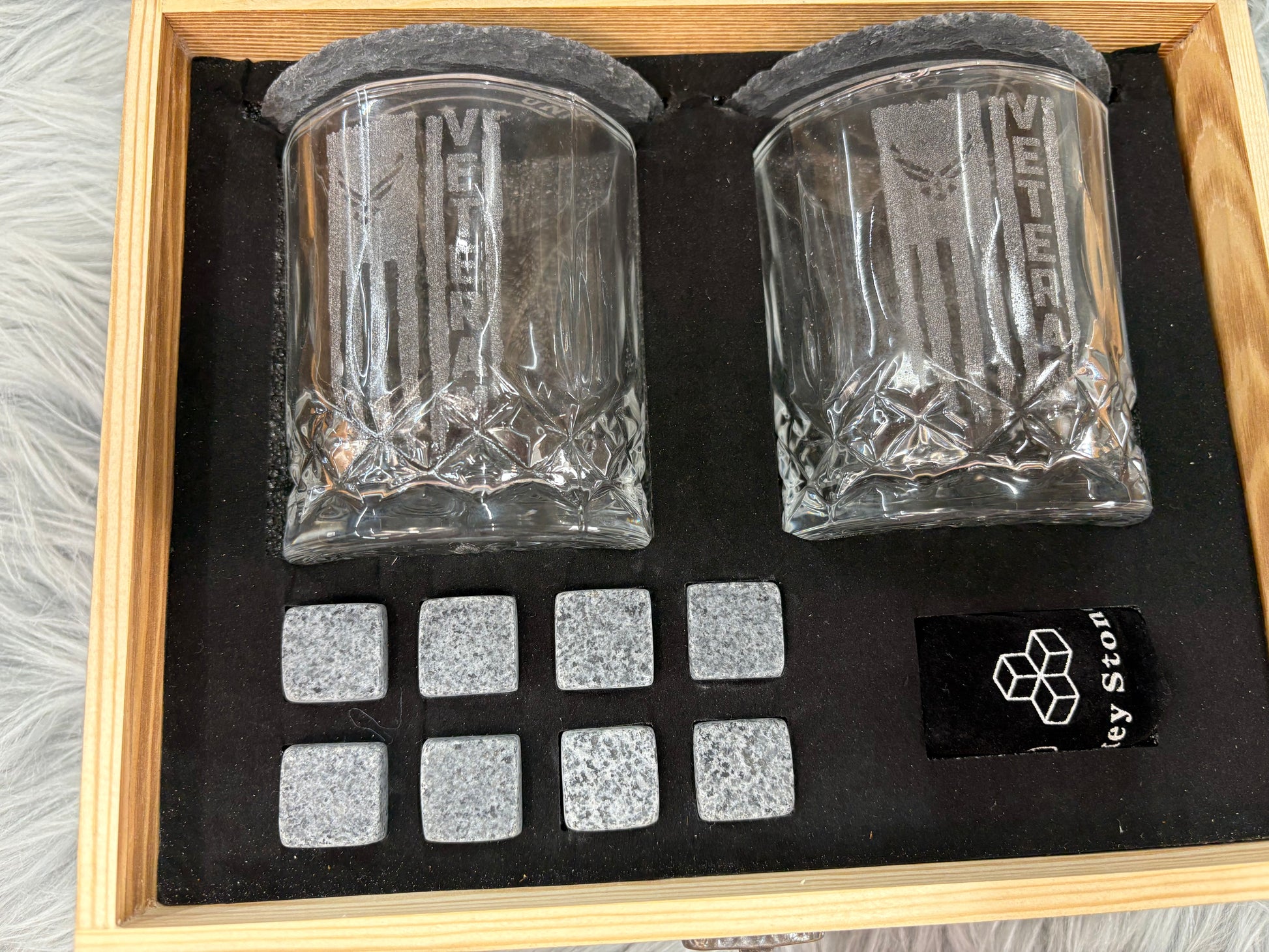 USAF Veteran Whiskey Gift Set | 2 Glasses, 2 Coasters, 8 Whiskey Stones and Velvet Bag