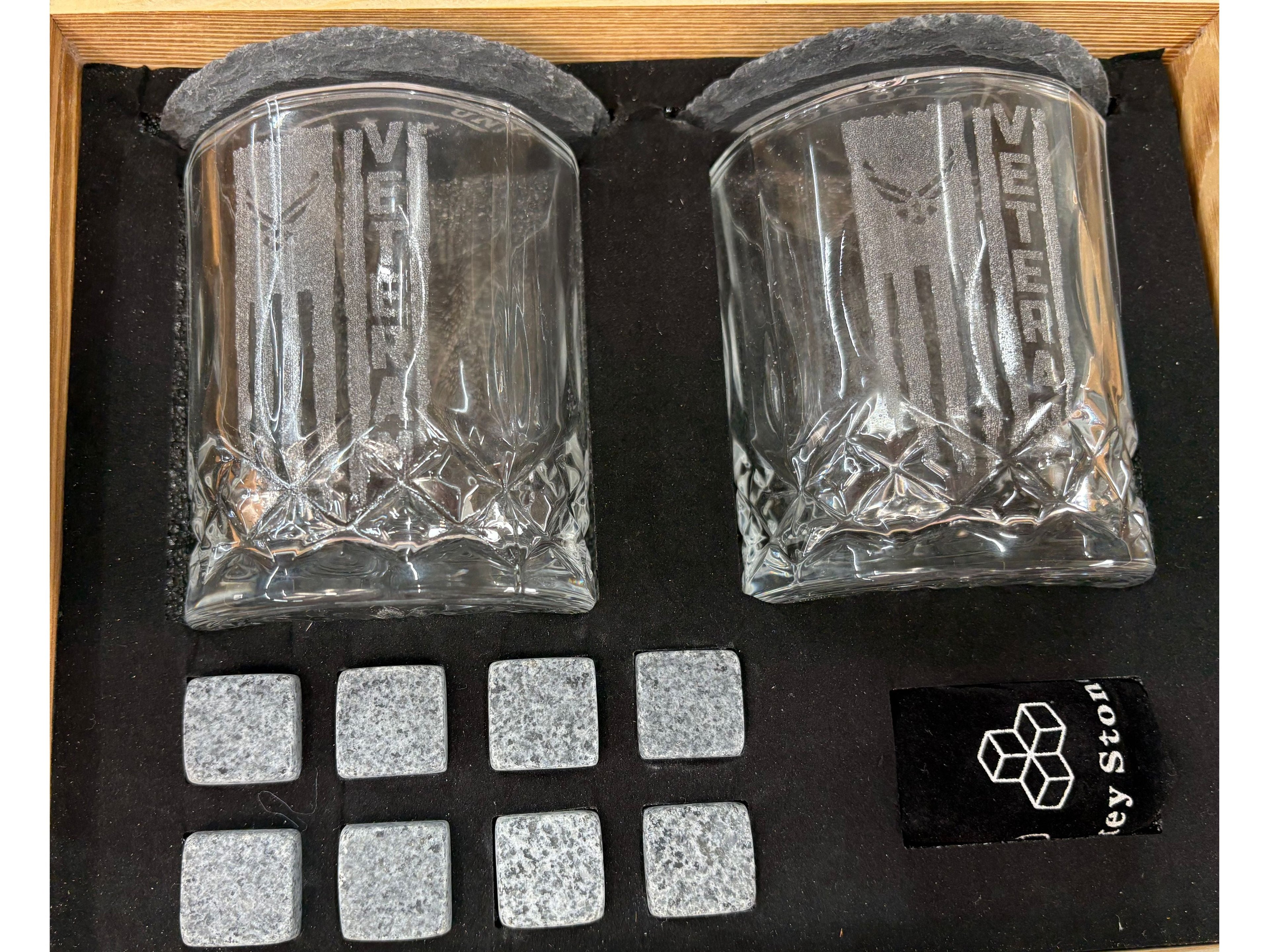 USAF Veteran Whiskey Gift Set | 2 Glasses, 2 Coasters, 8 Whiskey Stones and Velvet Bag