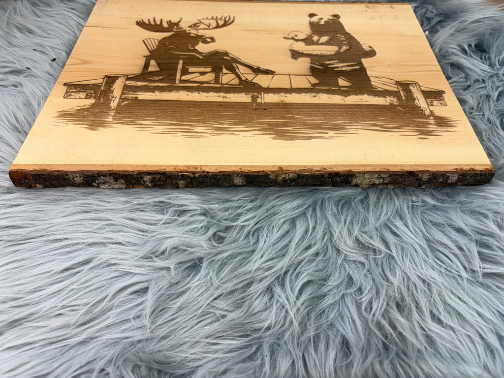 Live Edge Moose & Bear on Dock with Duck Floaty | Laser Engraved Lake Life Wood Sign | 12" x 16" | $35