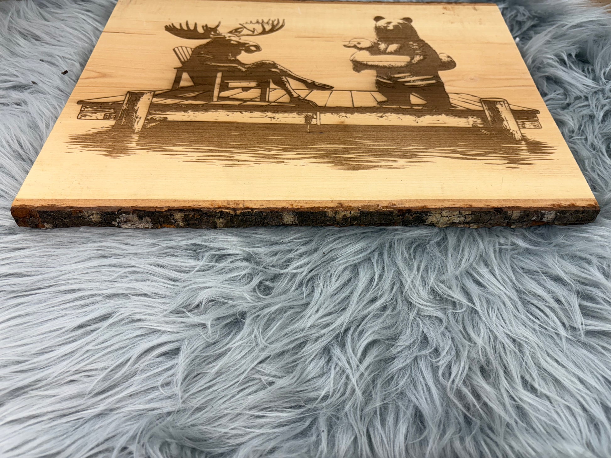 Live Edge Moose & Bear on Dock with Duck Floaty | Laser Engraved Lake Life Wood Sign | 12" x 16" | $35