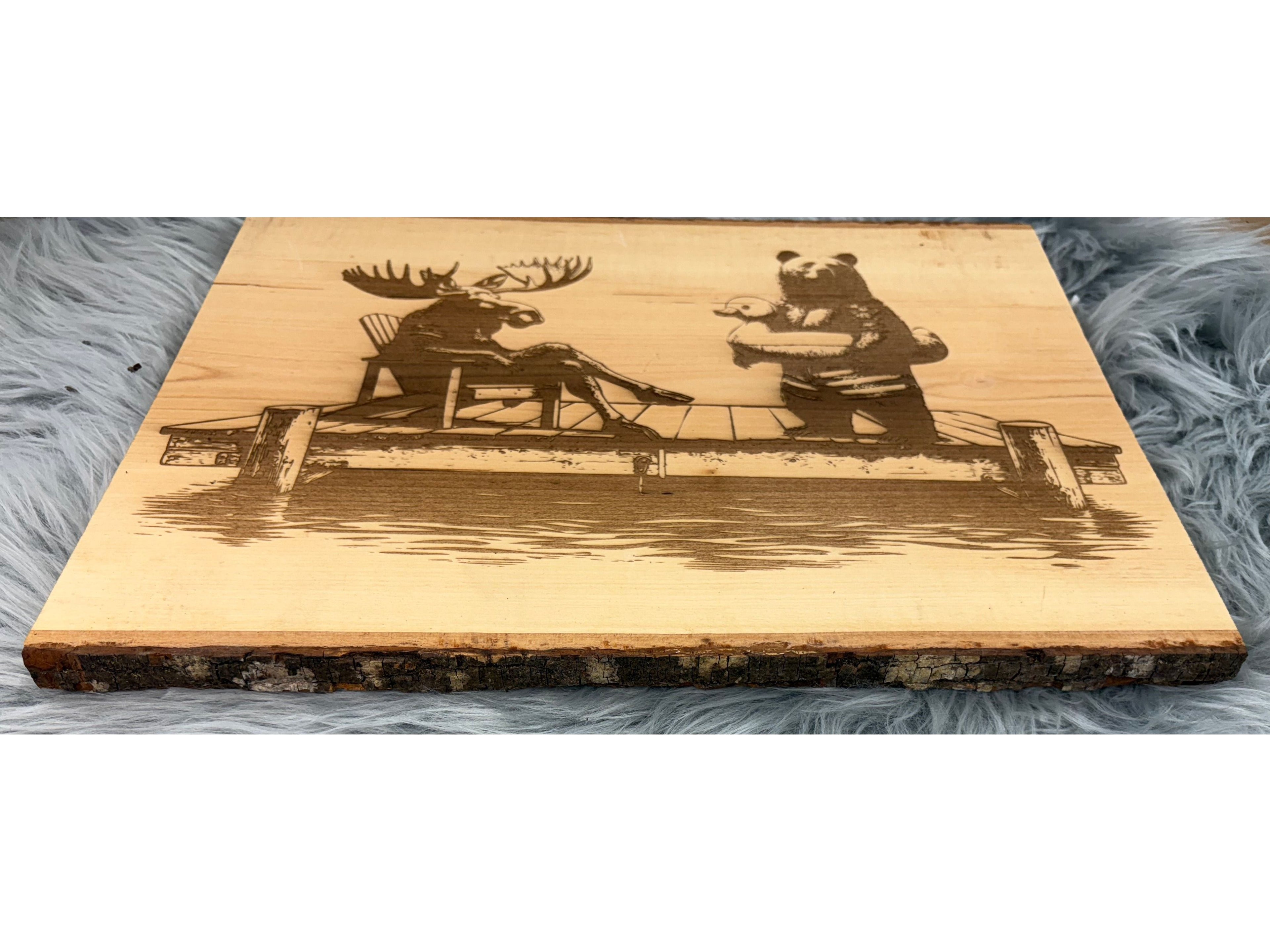 Live Edge Moose & Bear on Dock with Duck Floaty | Laser Engraved Lake Life Wood Sign | 12" x 16" | $35