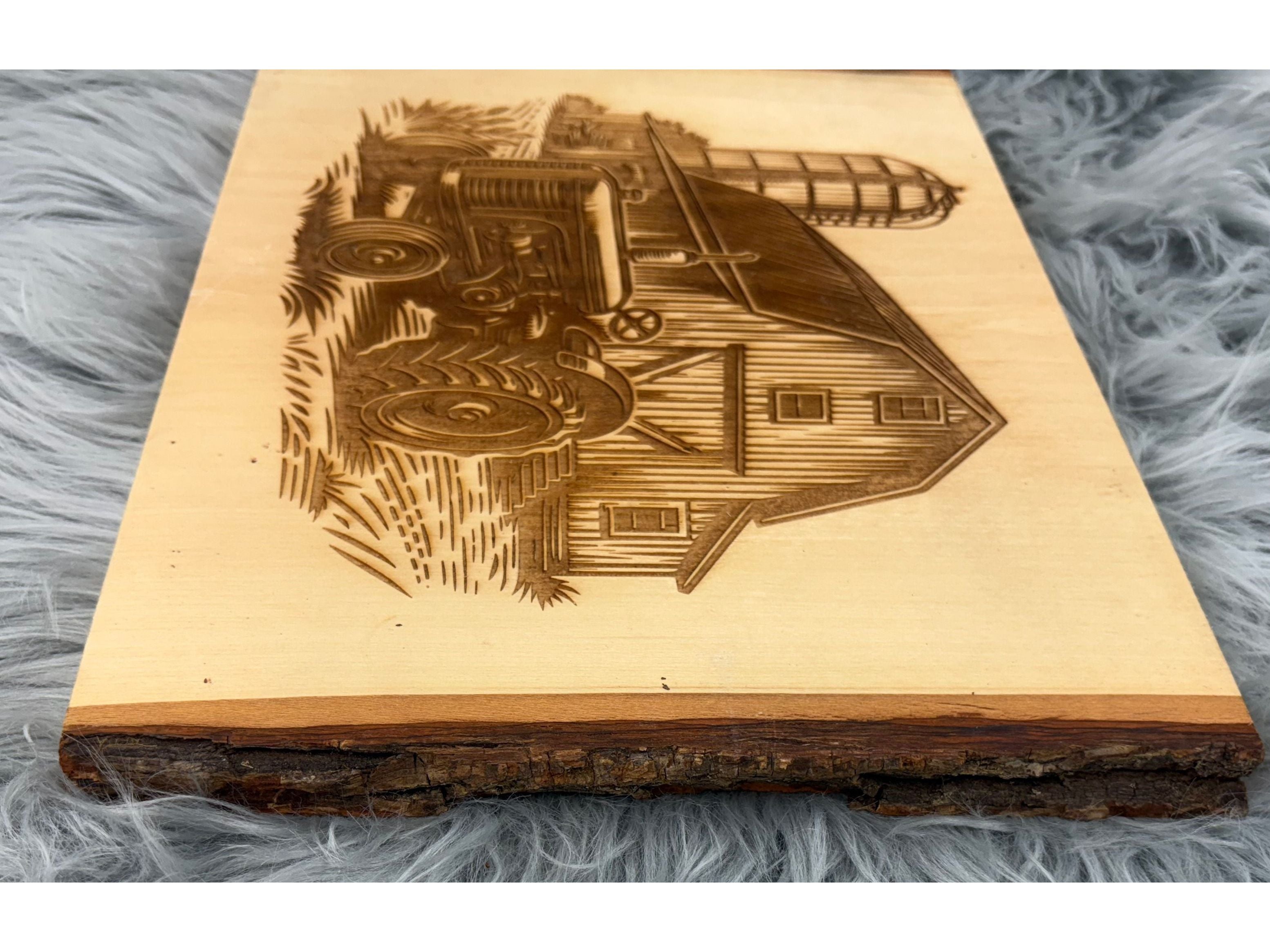 Live Edge Barn & Tractor Scene | Laser Engraved Farmhouse Wall Art | 10" x 13.5" | $25