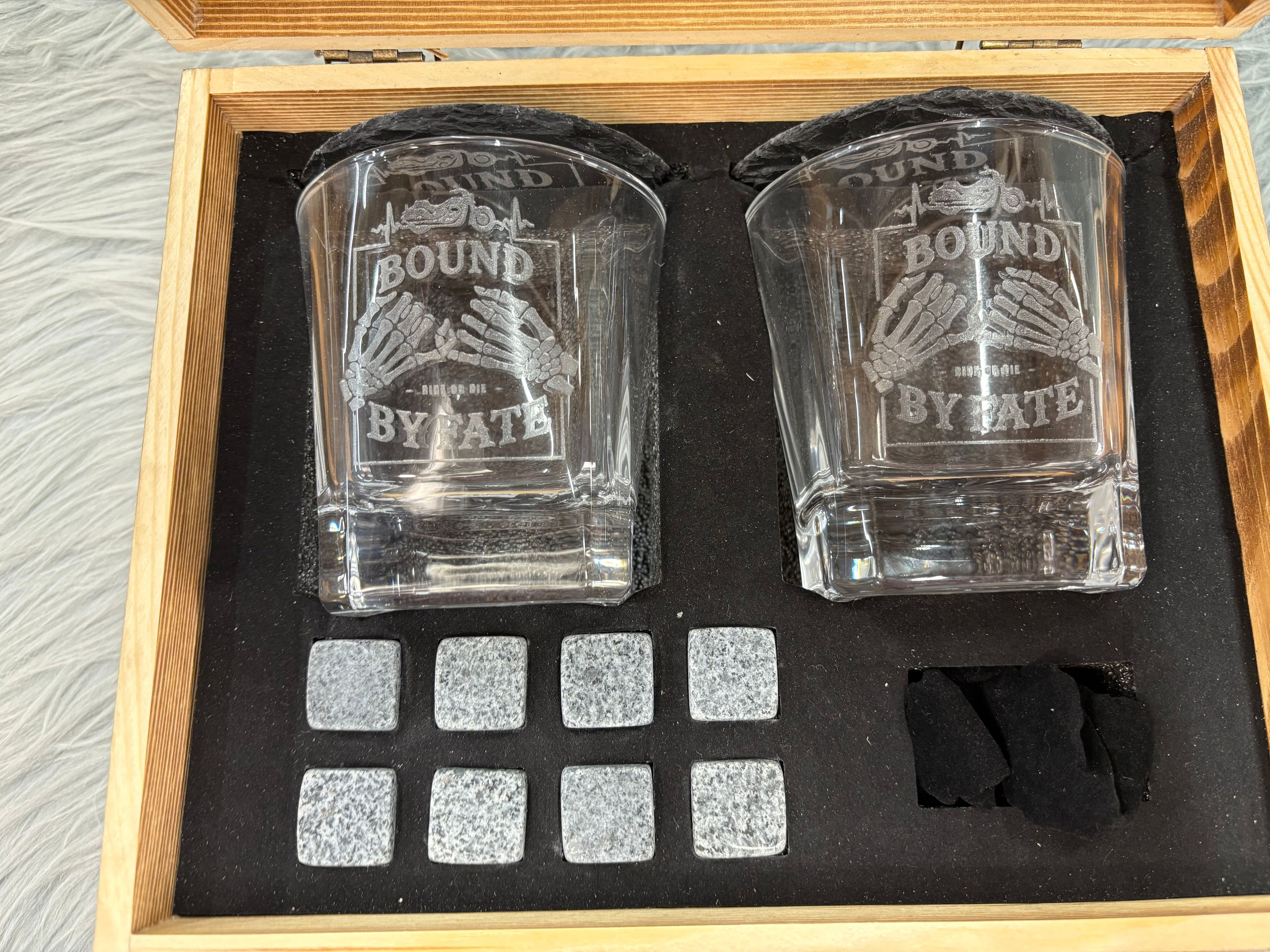 Ride Together, Last Forever | Skull King & Queen Whiskey Gift Set – 2 Glasses, Coasters, Whiskey Stones & Velvet Bag