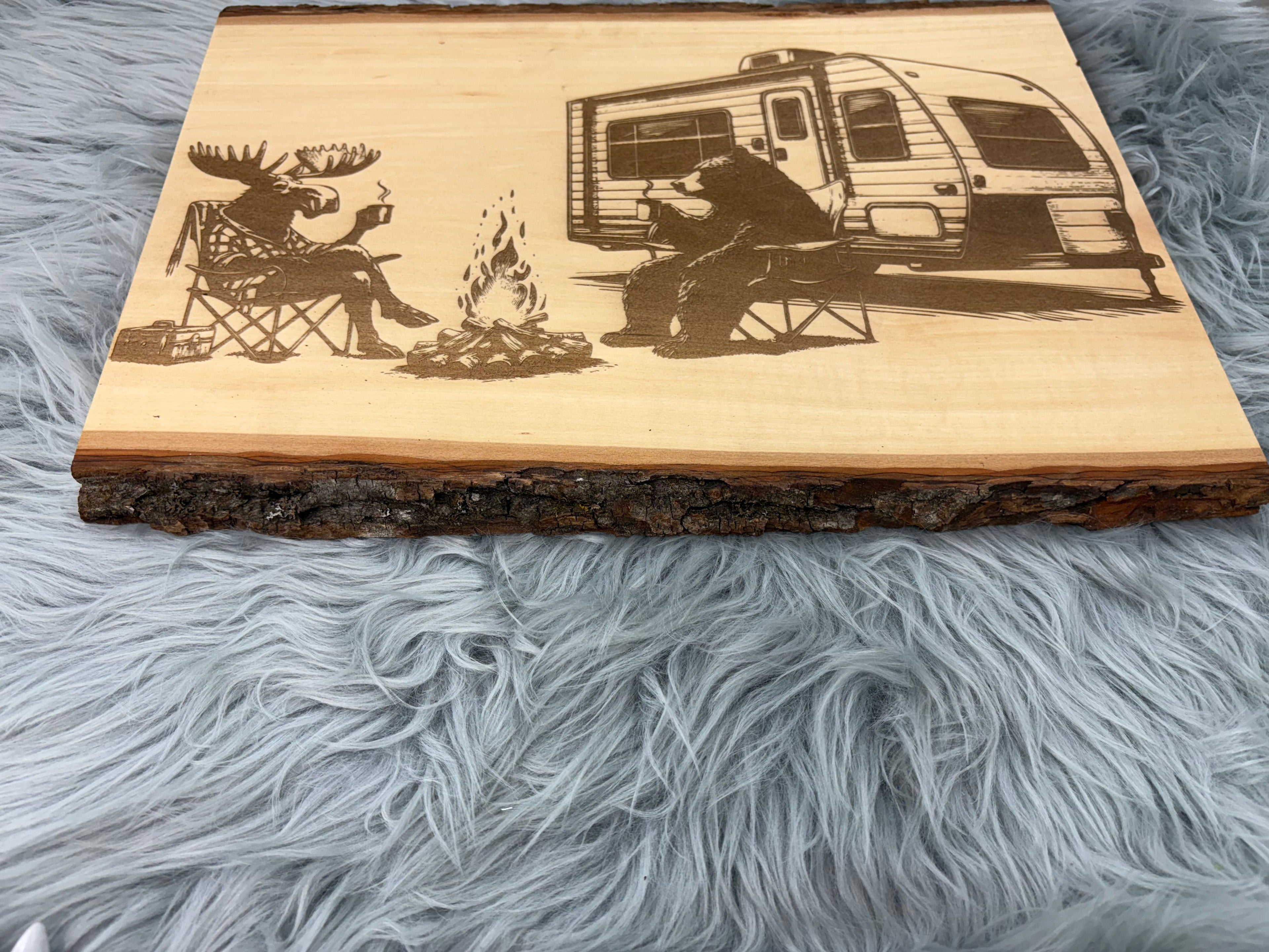 Live Edge Camper Scene with Moose & Bear | Laser Engraved Rustic Camping Decor | 11.5" x 16" | $35