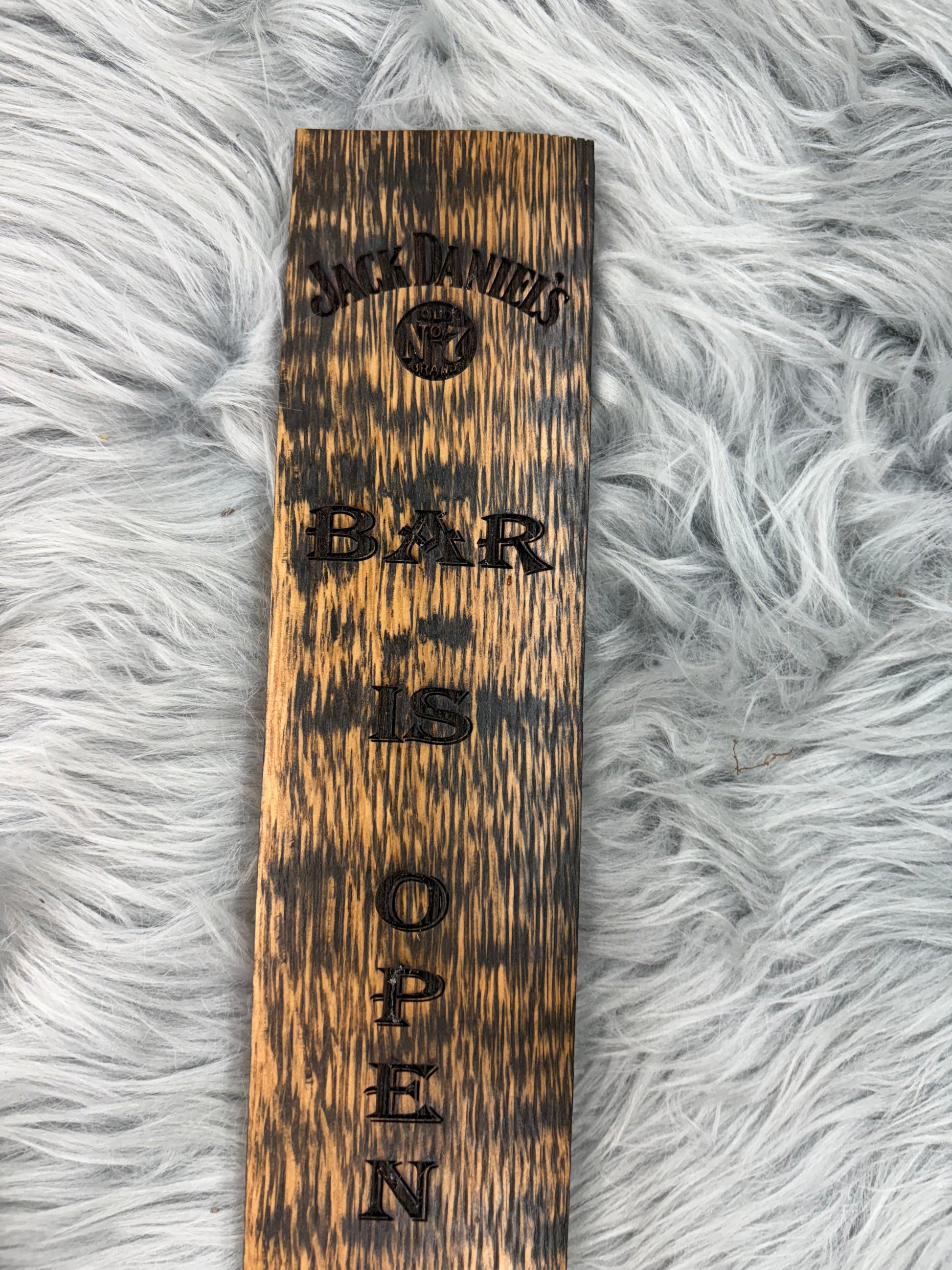 Jack Daniels “Bar Is Open” Wall Sign with Fireball Logo & Bottle Opener | Laser Engraved Whiskey Bar Decor | 17” x 3” | $30