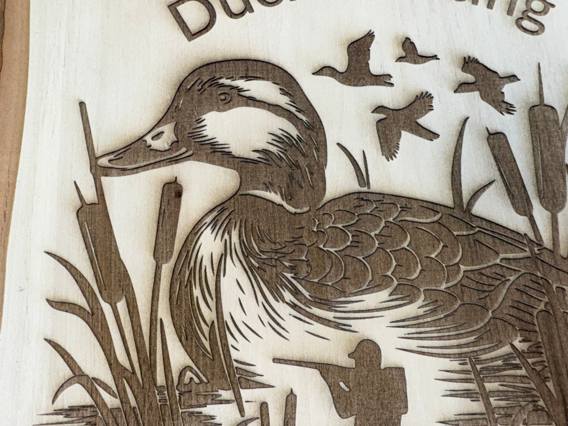 Live Edge Duck Hunting Wall Art | Laser Engraved Rustic Wood Sign | 11" x 12.5" | $35