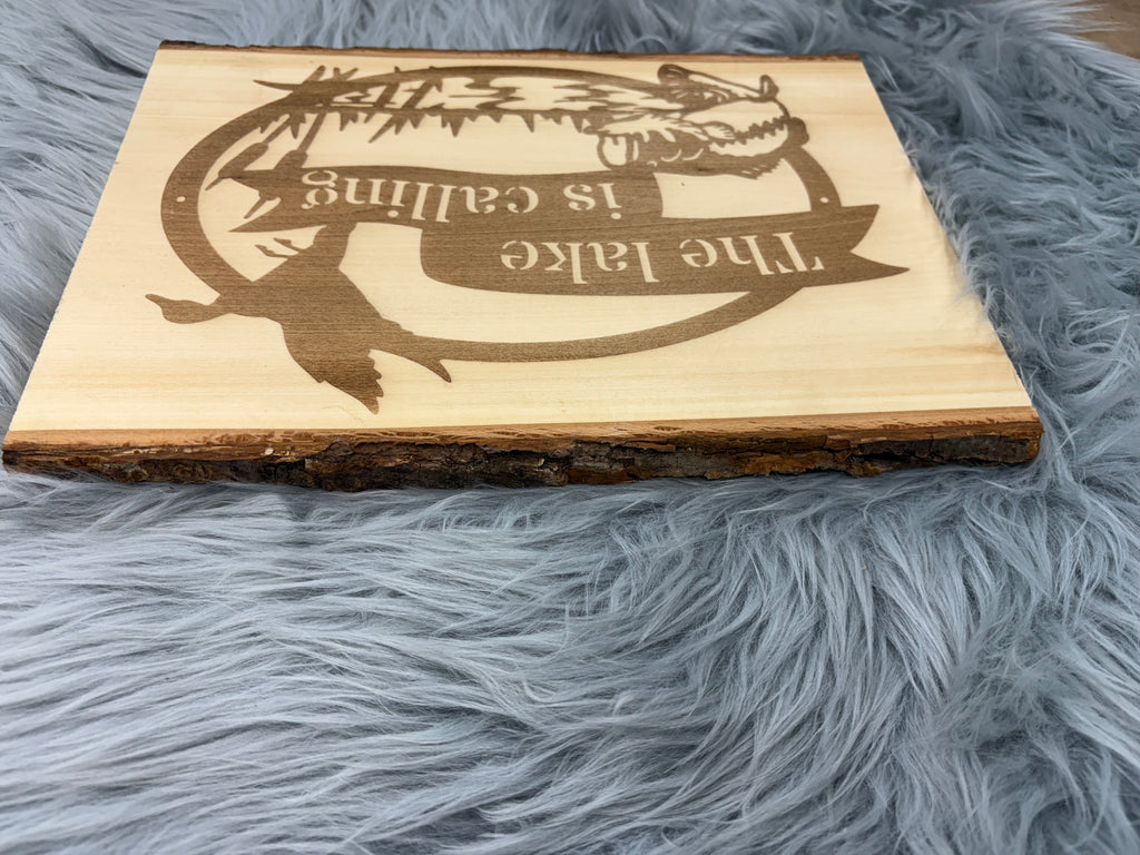 Live Edge “The Lake Is Calling” Laser Engraved Wood Sign | Rustic Lake House Decor | 9.5" x 13" | $35