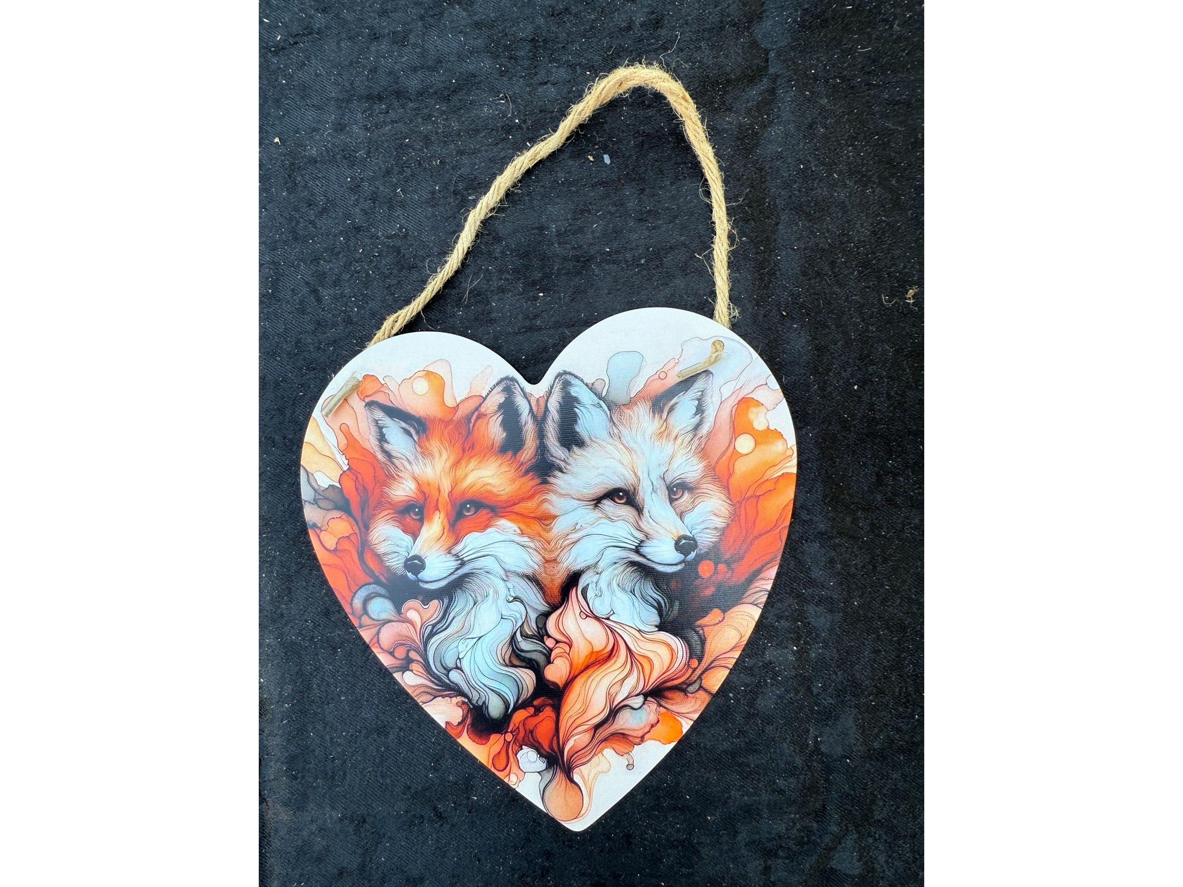 Heart-Shaped Hanging Wall Art with Two Foxes – Rustic Woodland Home Decor