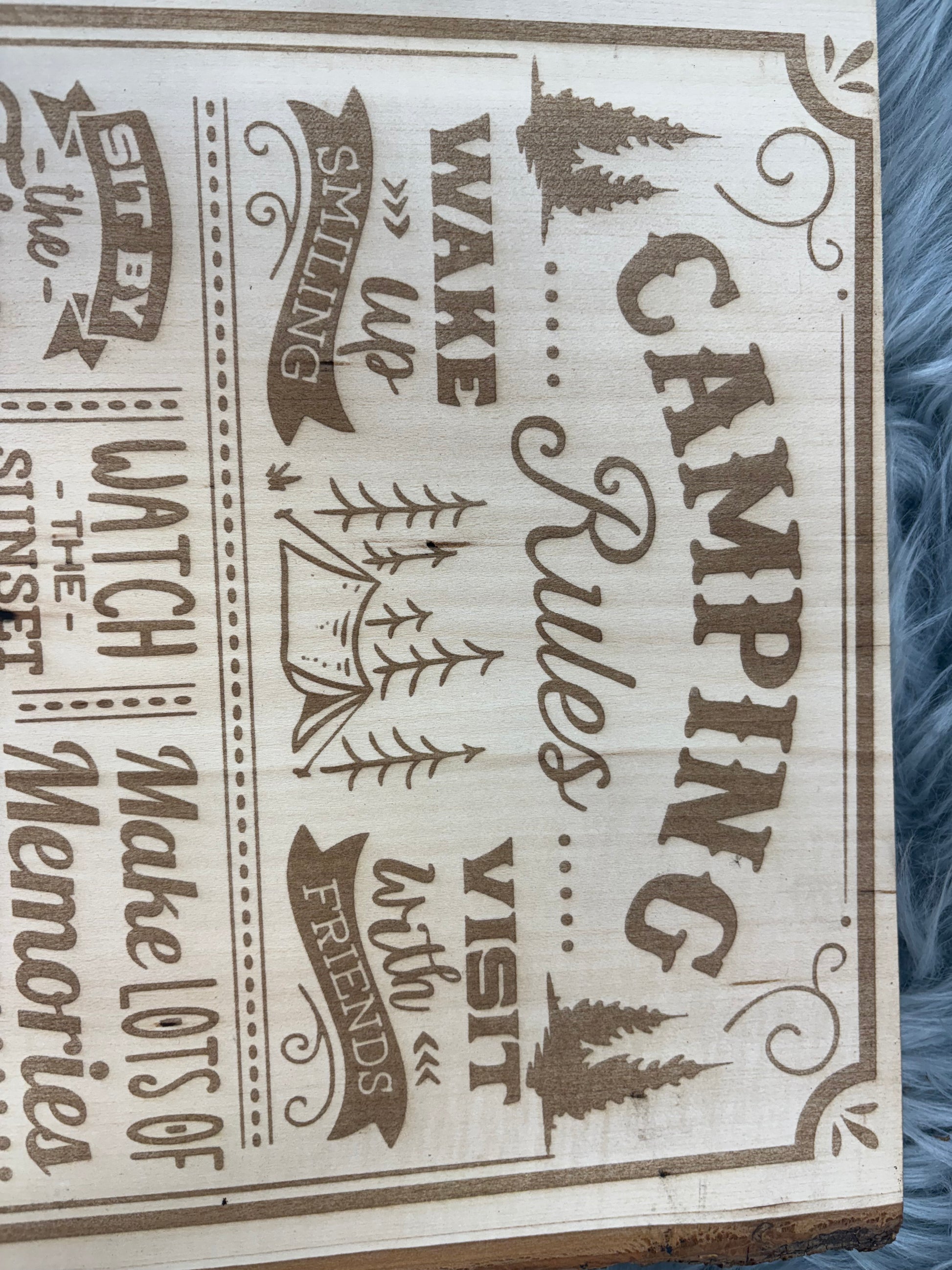 Live Edge “Camping Rules” Sign | Laser Engraved Rustic Wood Wall Art | 16" x 11.5" | $35