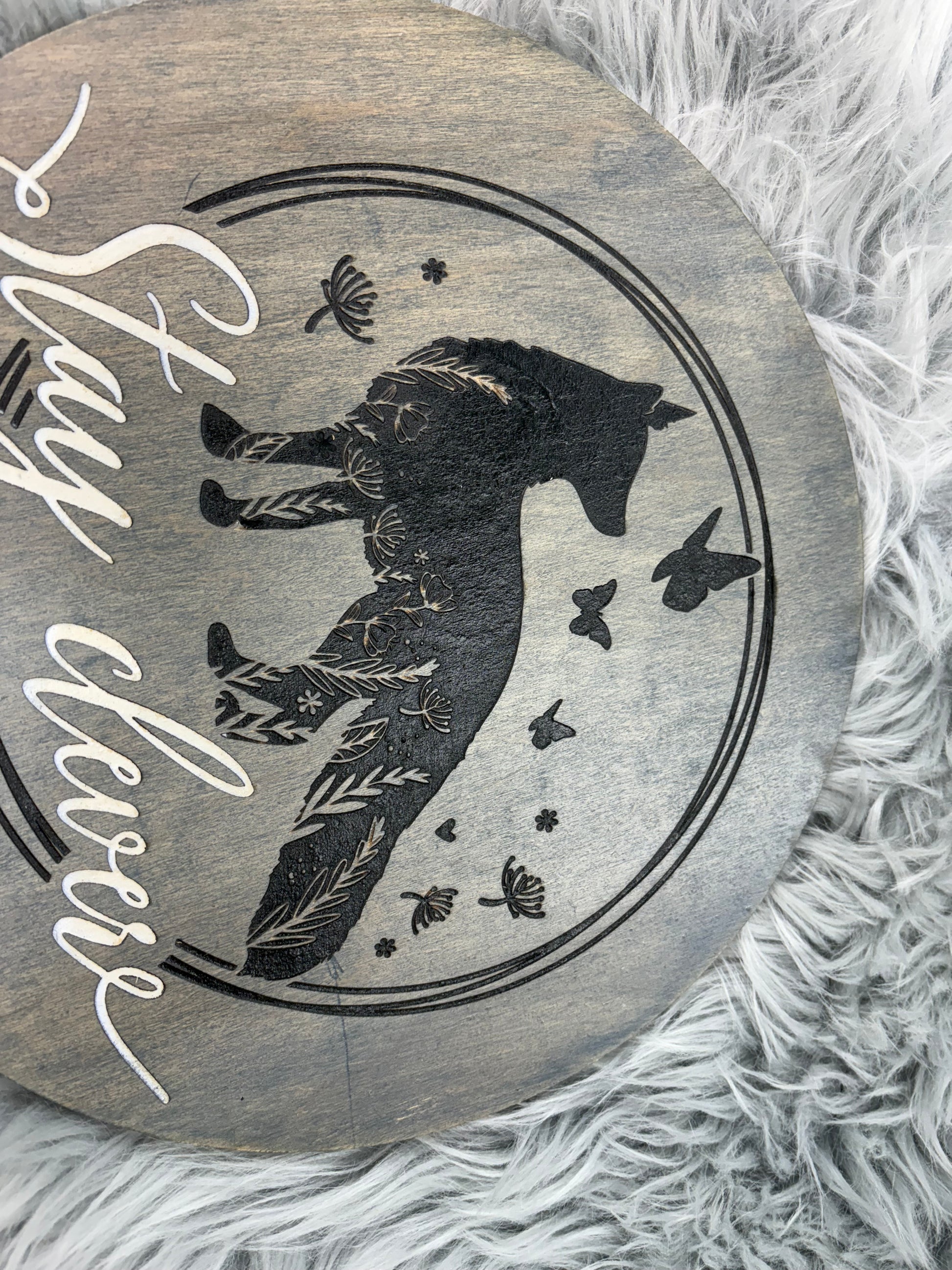 Stay Clever Wolf Sign | Hand-Painted Laser Engraved Wood Round | 12" Rustic Wall Art – $25