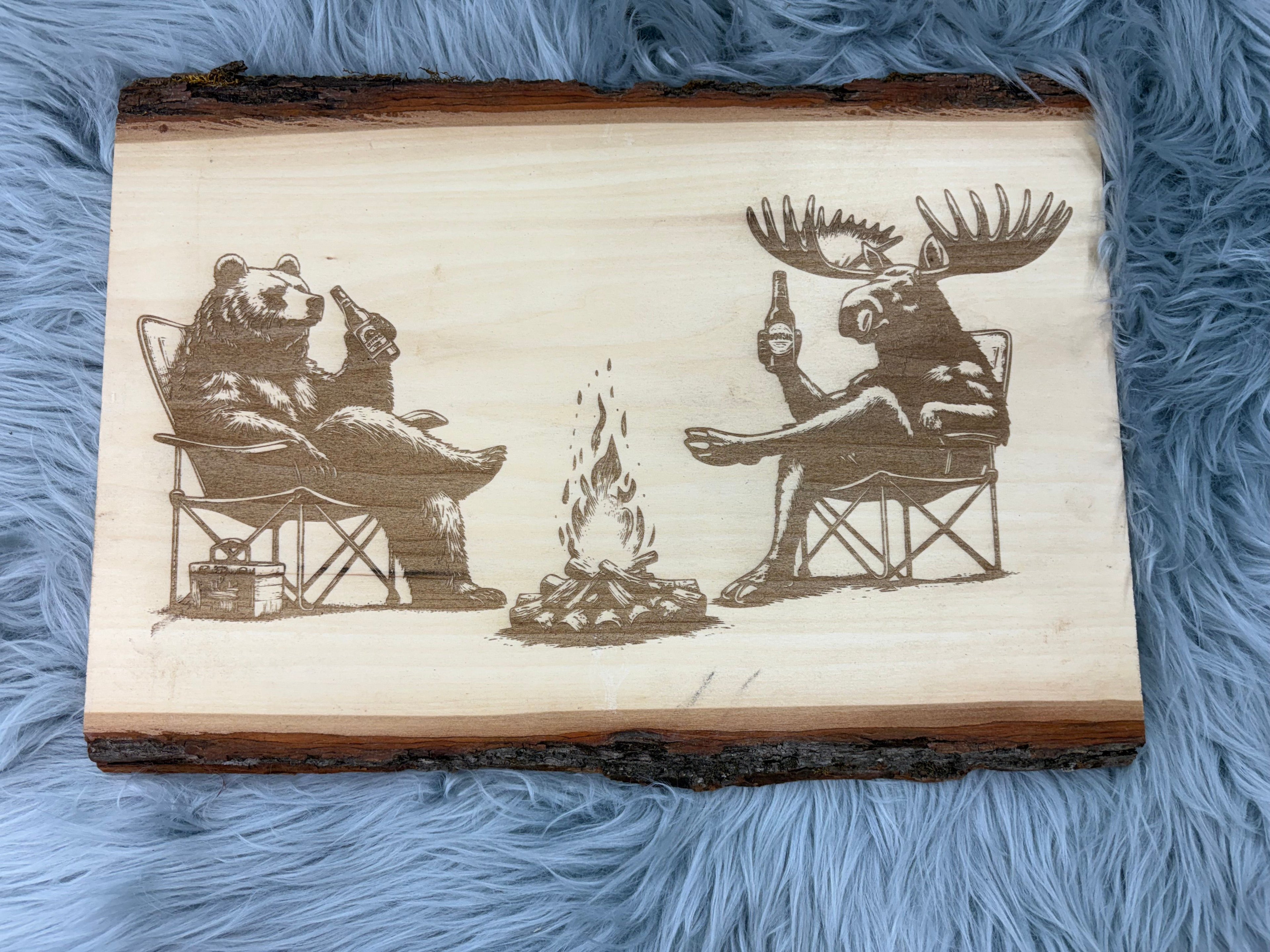 Live Edge Bear & Moose Drinking Laser Engraved Wood Sign | Rustic Cabin Bar Decor | 11" x 16" | $35