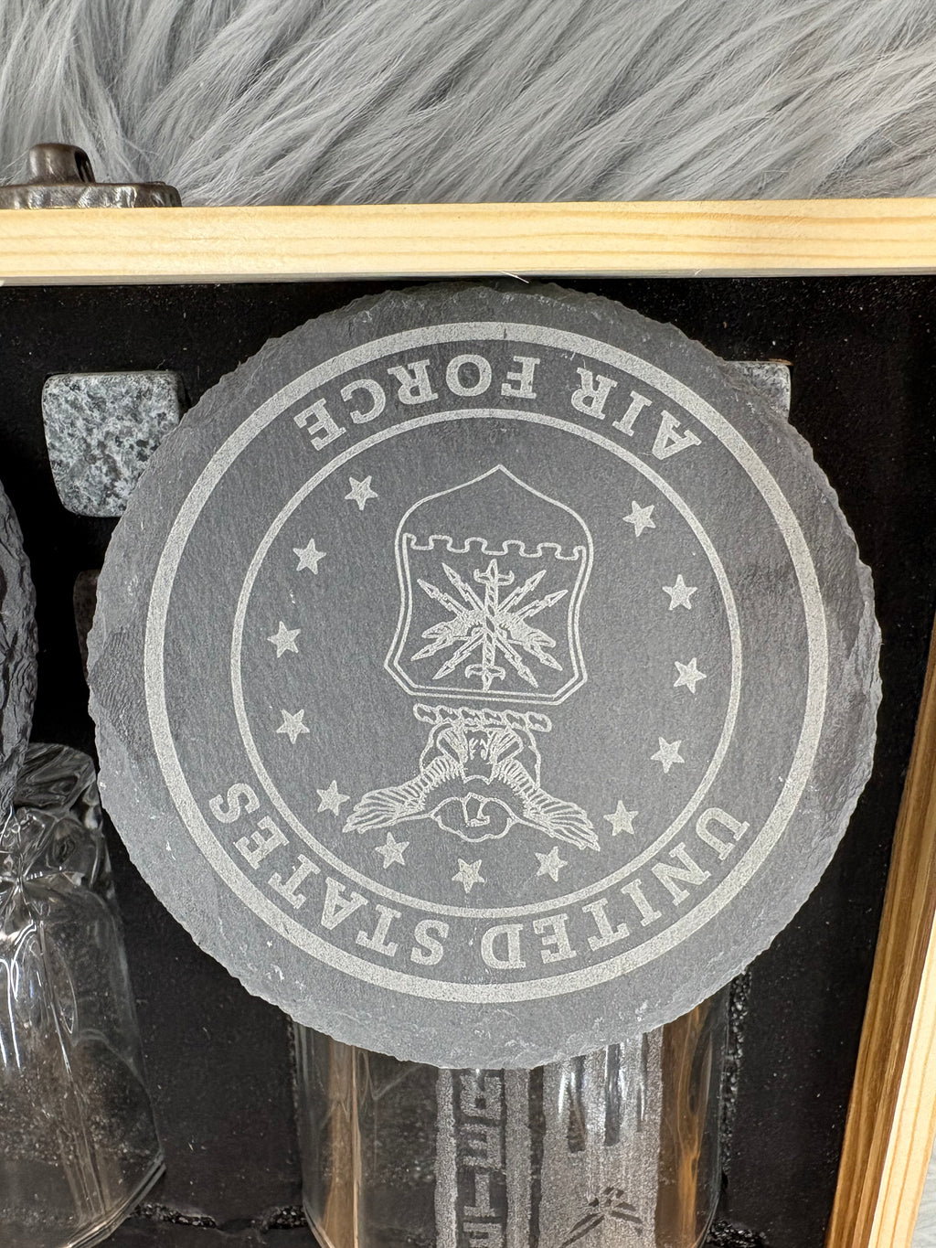 USAF Veteran Whiskey Gift Set | 2 Glasses, 2 Coasters, 8 Whiskey Stones and Velvet Bag