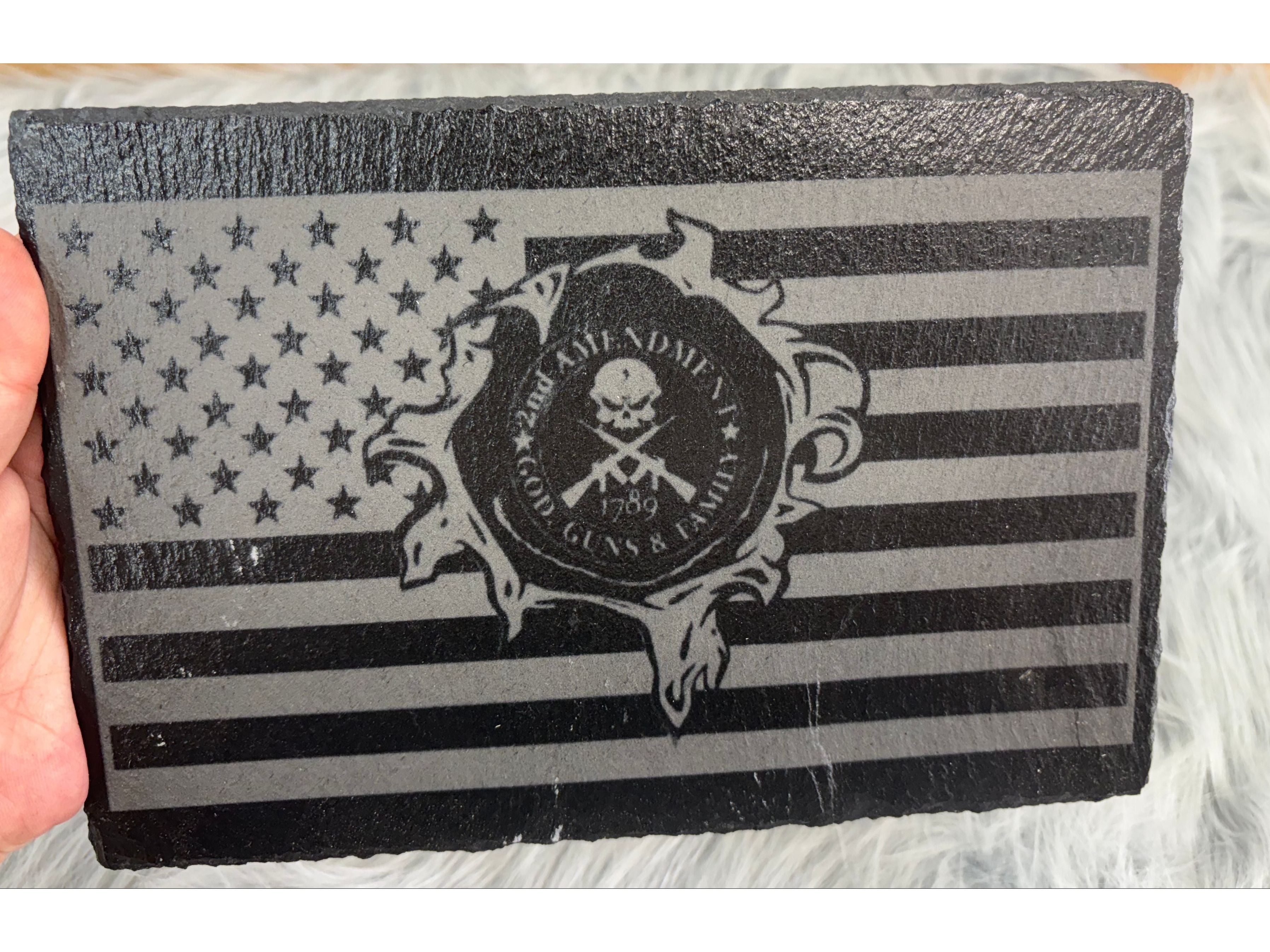 Second Amendment Laser Engraved Slate Sign – 8.5x6” American Flag Patriotic Gun Rights Decor