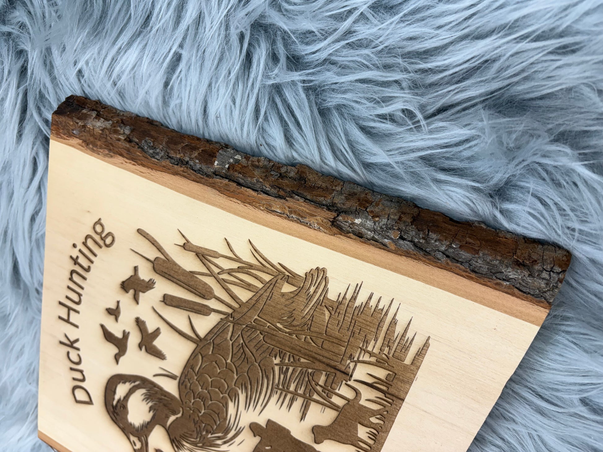 Live Edge Duck Hunting Wall Art | Laser Engraved Rustic Wood Sign | 11" x 12.5" | $35