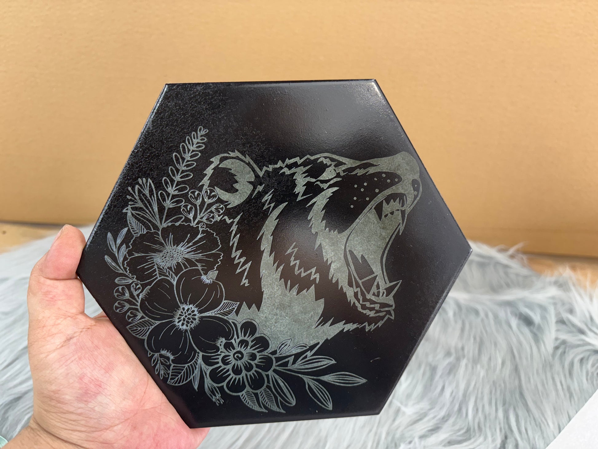Fierce Bear Floral Octagon Tile | Laser Engraved Sign – 8"x7" | $15