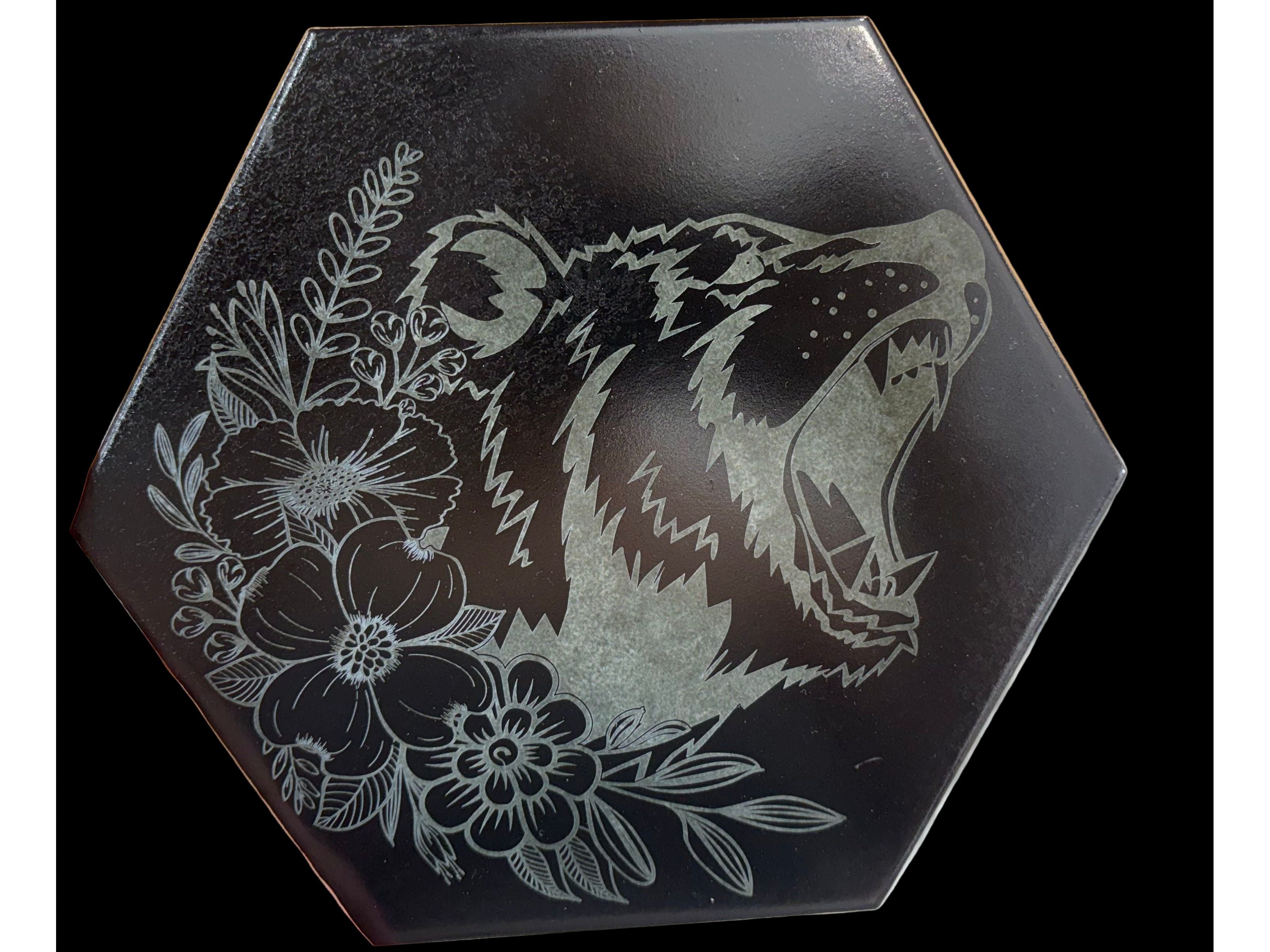 Fierce Bear Floral Octagon Tile | Laser Engraved Sign – 8"x7" | $8
